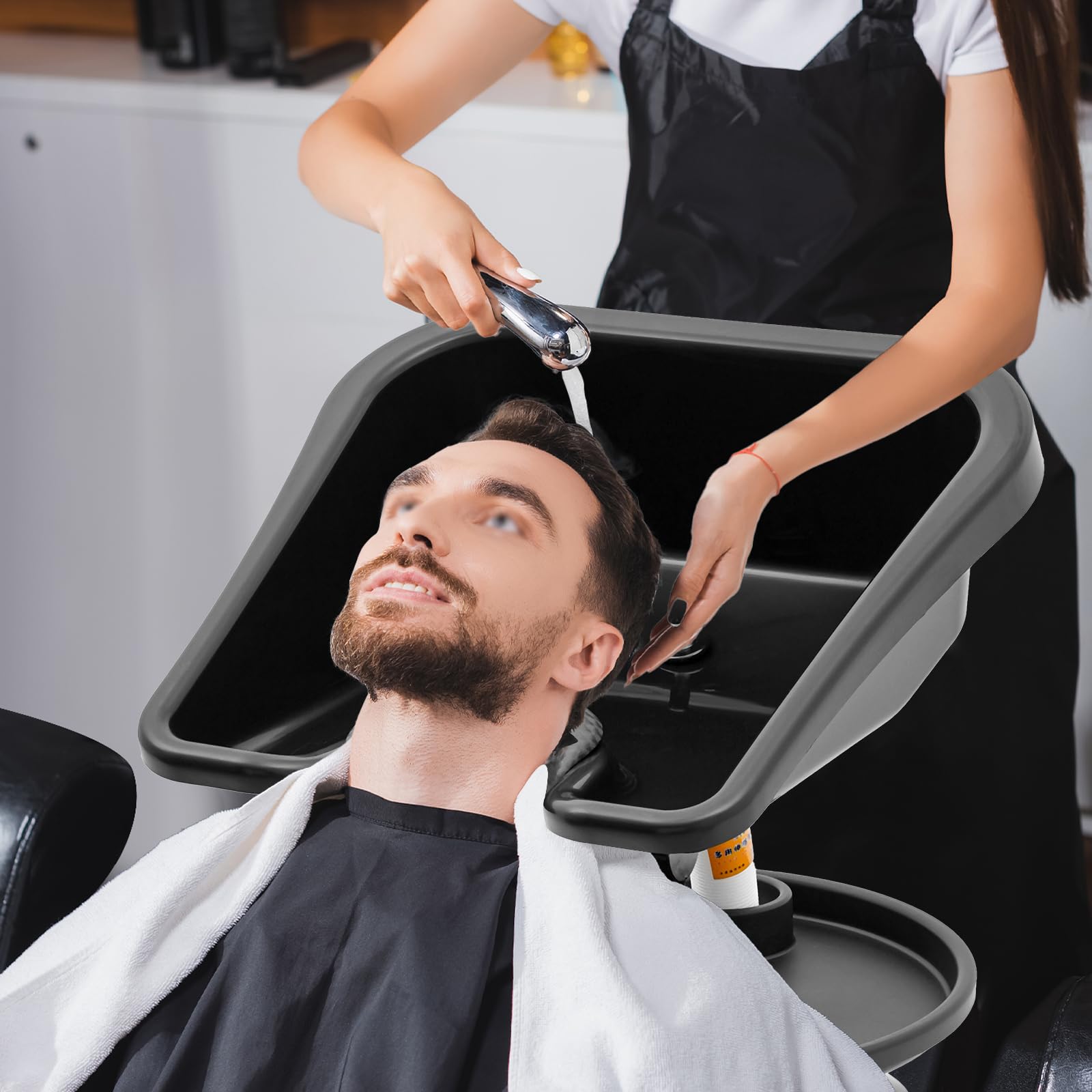 Adjustable Portable Shampoo Bowl Salon Station - Deep Basin Hair Washing Sink with Massage Brush, Neck Rest & Bucket for Barber & Stylist | Perfect for Home Salon, Mobile Hair Services & Professional Hair Care