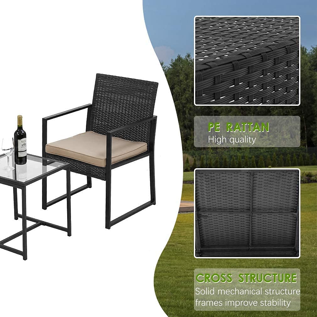 3-Piece Outdoor Patio Furniture Set - All-Weather Wicker Bistro Table with Rattan Chairs & Thick Cushions - Patio Conversation Set with Tempered Glass Coffee Table - Perfect for Backyard, Poolside, Garden Lounge & Outdoor Entertaining