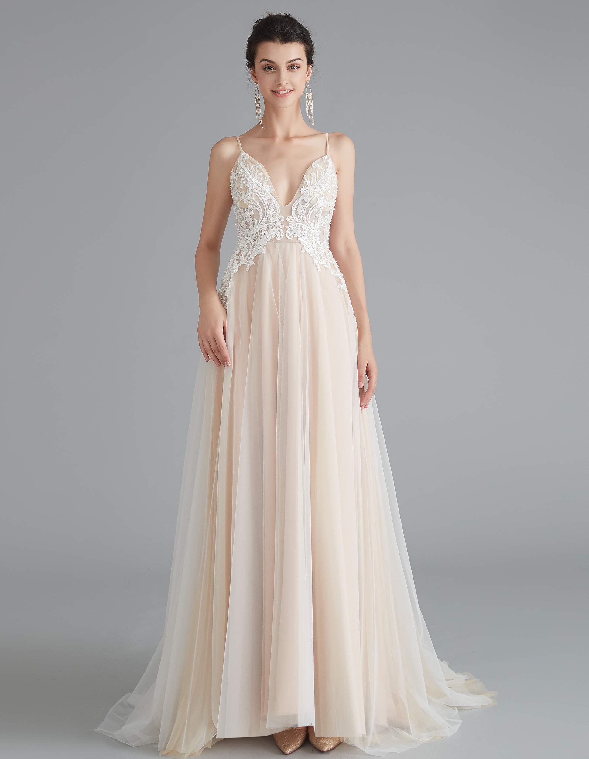 Elegant Women's V-Neck Empire Waist Wedding Dress with Pearl Appliques - Perfect for Beach Weddings, Bridal Showers & Summer Formal Events