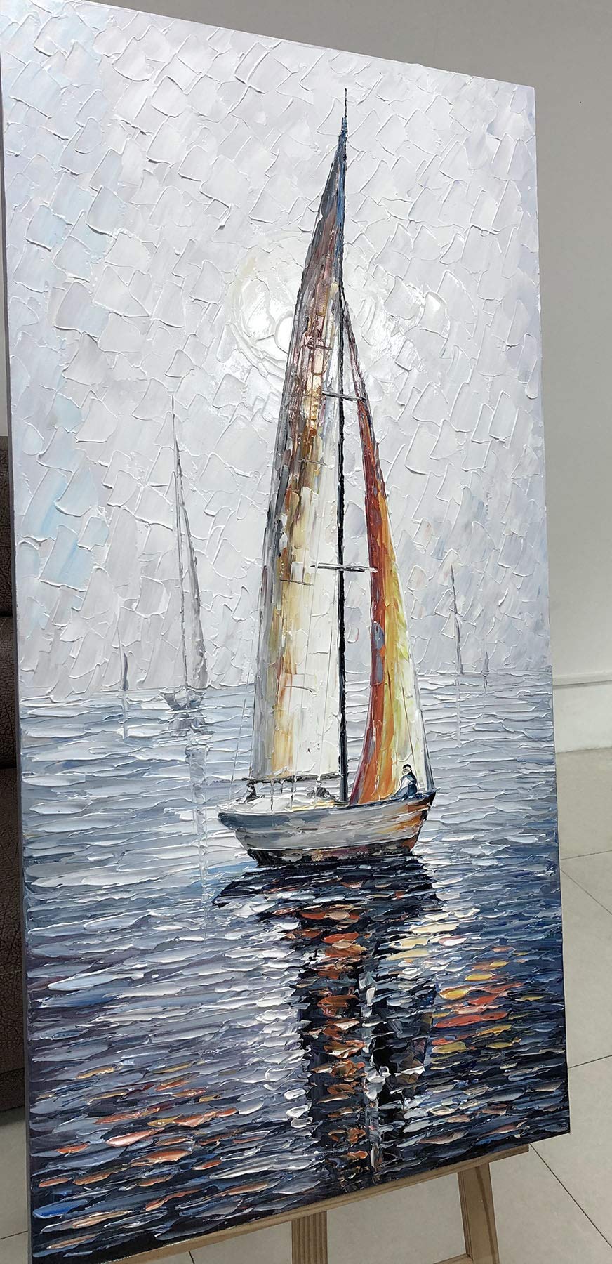 24x48 Inch Modern Abstract Hand Painted Oil Painting - Sailing Boat on Sea Acrylic Canvas Wall Art for Living Room & Bedroom | Home Decor | Perfect for Coastal & Nautical Theme Interiors