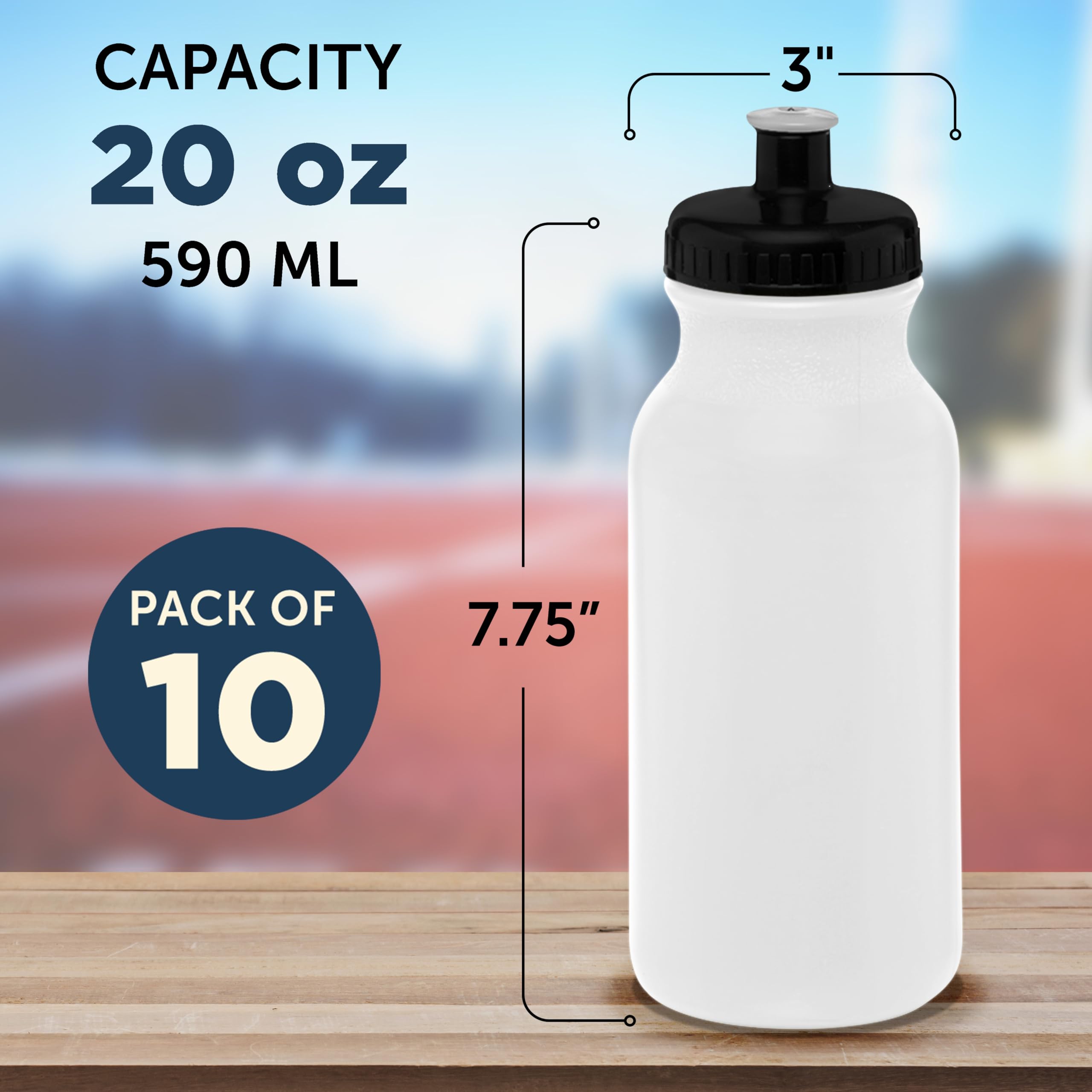 20 oz. Water Bottles with Push Cap - Set of 10 Bulk Pack - BPA-Free Reusable Sports Bottles for Gym, Hiking, Camping & Outdoor Activities - Ideal for Hydration at Work, School or Travel - White
