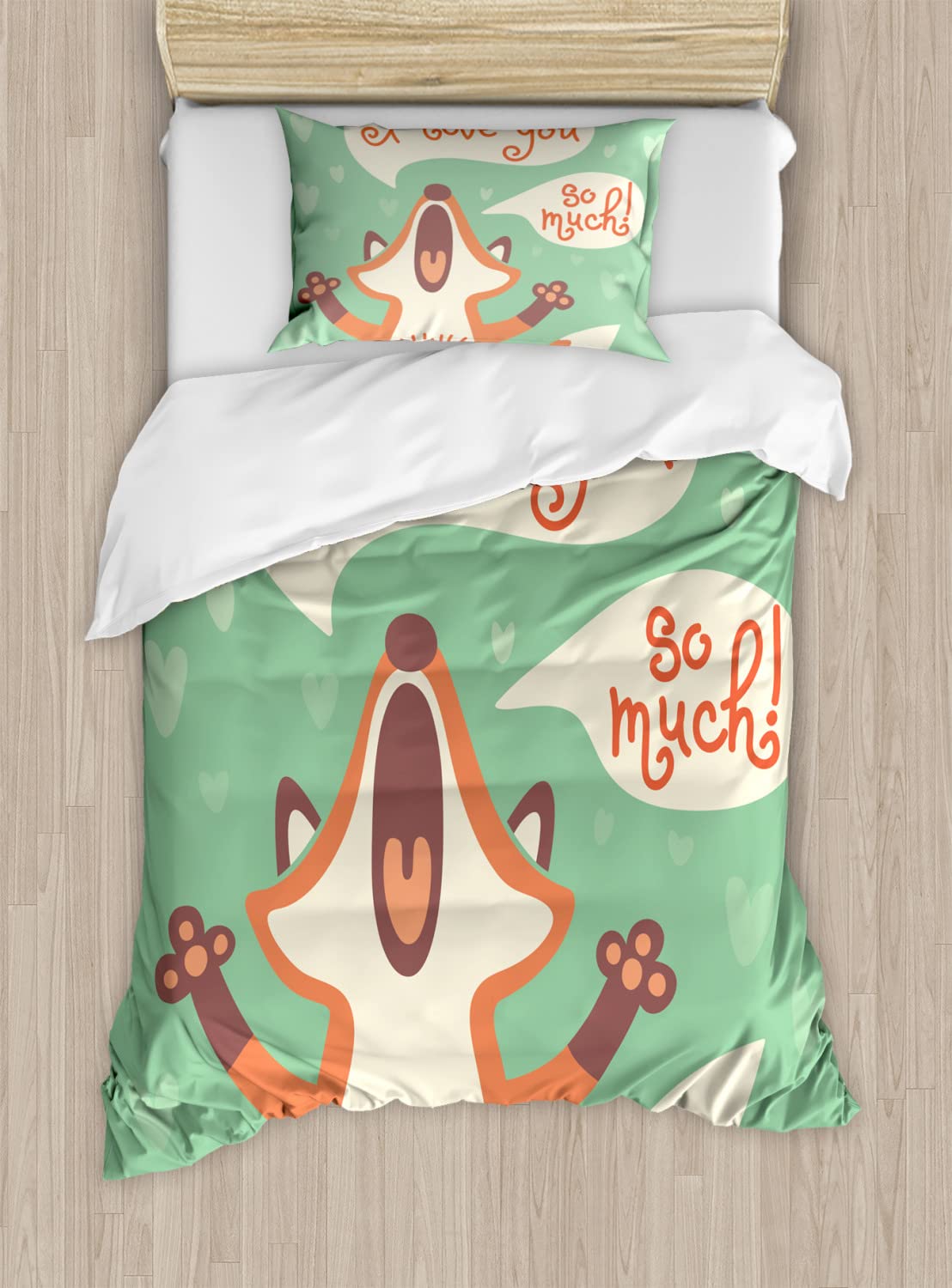 Ambesonne Fox Romance Duvet Cover Set - 2 Pack California King Size, Mint Green & Ginger Print, Includes 2 Duvet Covers & 4 Pillowcases - Perfect for Couples Bedroom, Anniversary Gift & Humorous Home Decor