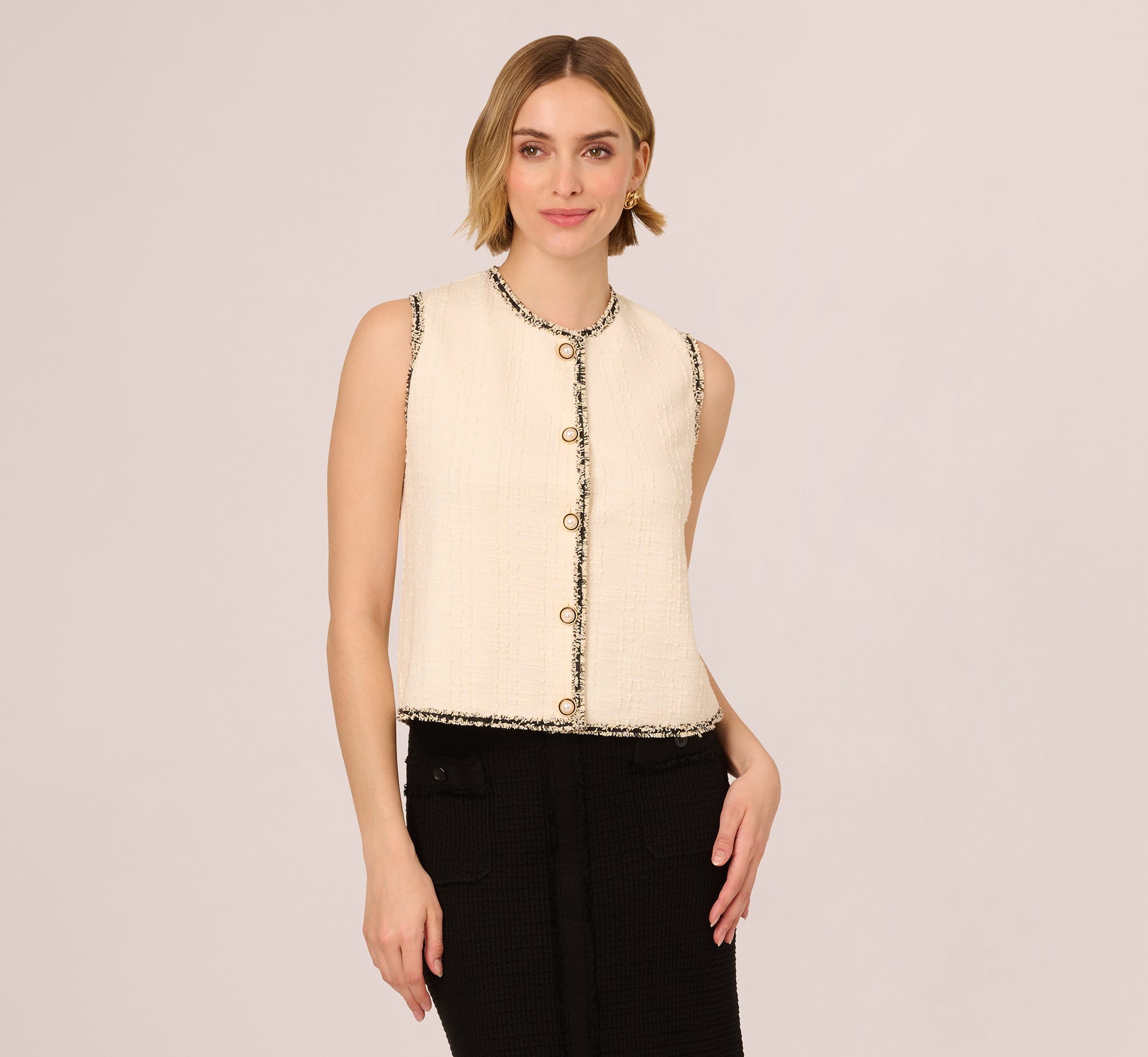 Stylish Ivory Fray Trim Tweed Vest Cardigan for Women - Perfect for Office Wear, Layering & Fall Fashion