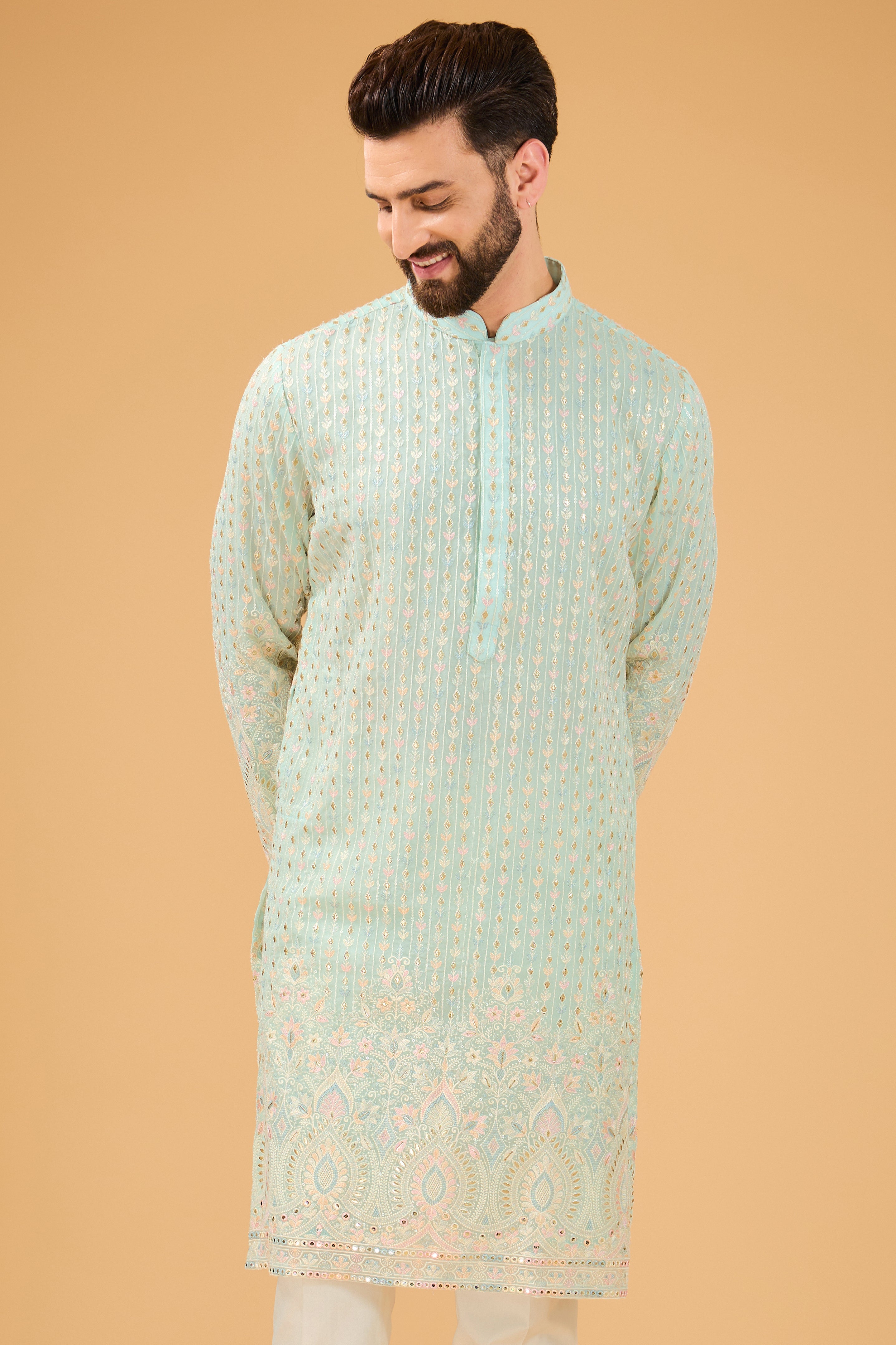 Elegant Powder Blue Chikankari Kurta with Intricate Multi-Thread Embroidery - Perfect for Festivals, Weddings & Ethnic Occasions