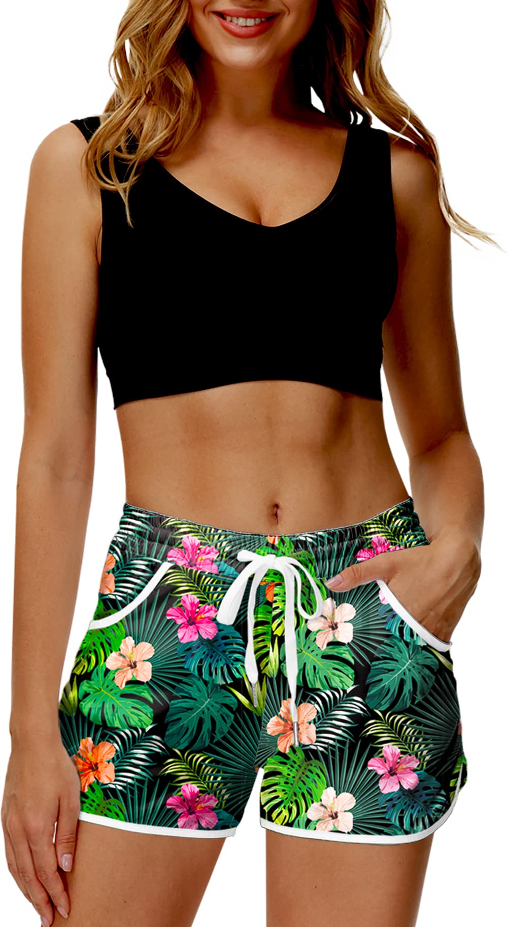 Deerose Women's Summer Board Shorts - Quick Dry Swim Shorts with Tropical Hawaiian Print for Beach, Pool & Water Sports