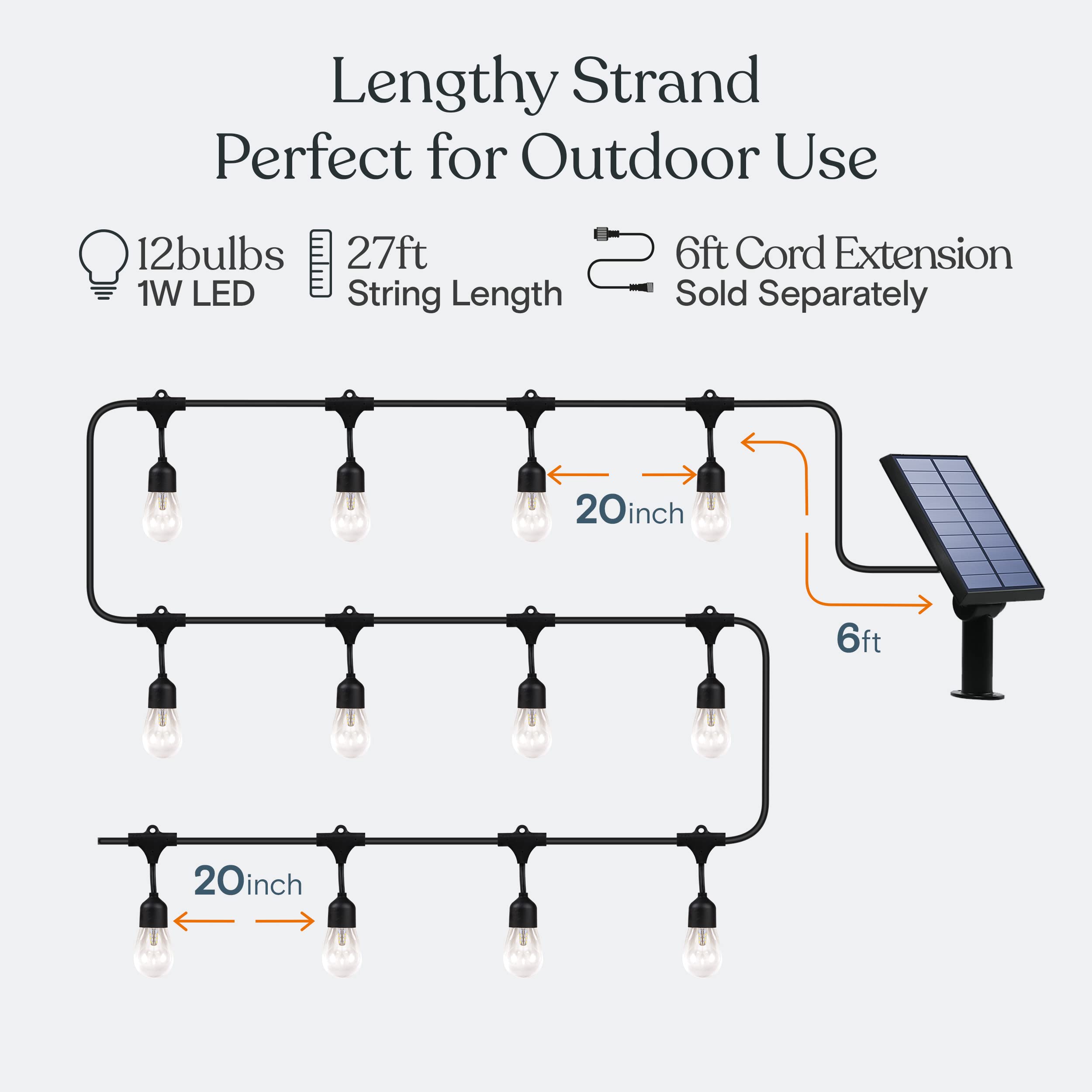 Brightech Ambience Pro 27ft Solar Powered Outdoor String Lights - 12 Shatterproof LED Edison Bulbs, Waterproof Commercial Grade Patio Lights (1W, Warm White) - Perfect for Backyard, Garden, Wedding & Party Decorations