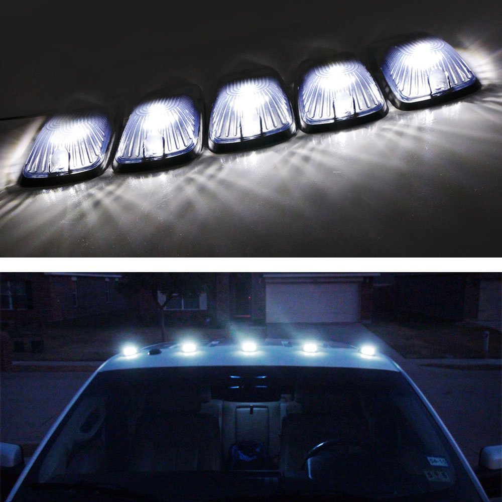 5 Pack Smoked Lens Cab Roof Marker Running Lights with White LED for Trucks & 4x4 Vehicles - Heavy Duty Off-Road Lighting for Night Driving & Enhanced Visibility