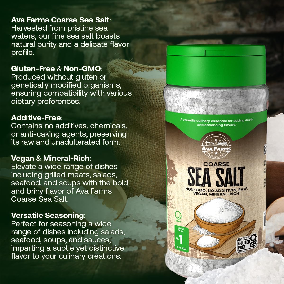 Ava Farms Coarse Sea Salt - 16 oz. Bottle (Pack of 2) | Gluten-Free, Non-GMO, Vegan, Raw, Kosher & Mineral Rich | Perfect for Cooking, Baking & Seasoning