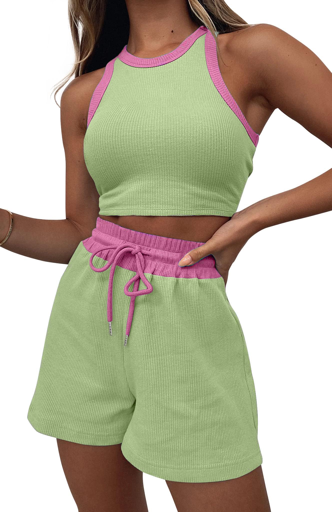 Lingswallow Women's 2-Piece Lounge Set - Sleeveless Crop Top & Waffle Shorts Comfy Pajama Set for Sleep, Yoga & Home Relaxation