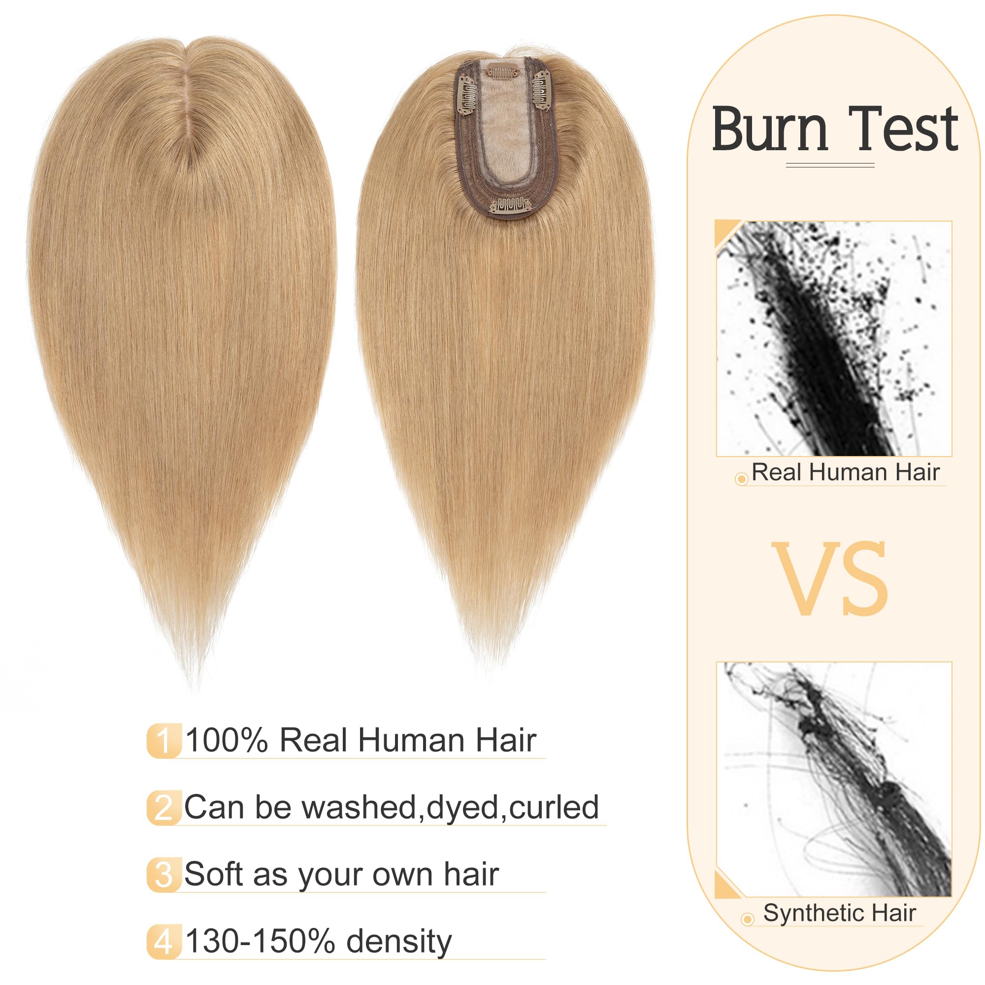 SEGO 100% Real Human Hair Toppers for Women with Thinning Hair - 7x13cm Silk Base Clip-in Top Wiglet - 18 Inch Dark Blonde No Bangs | Perfect for Daily Wear, Parties & Special Occasions