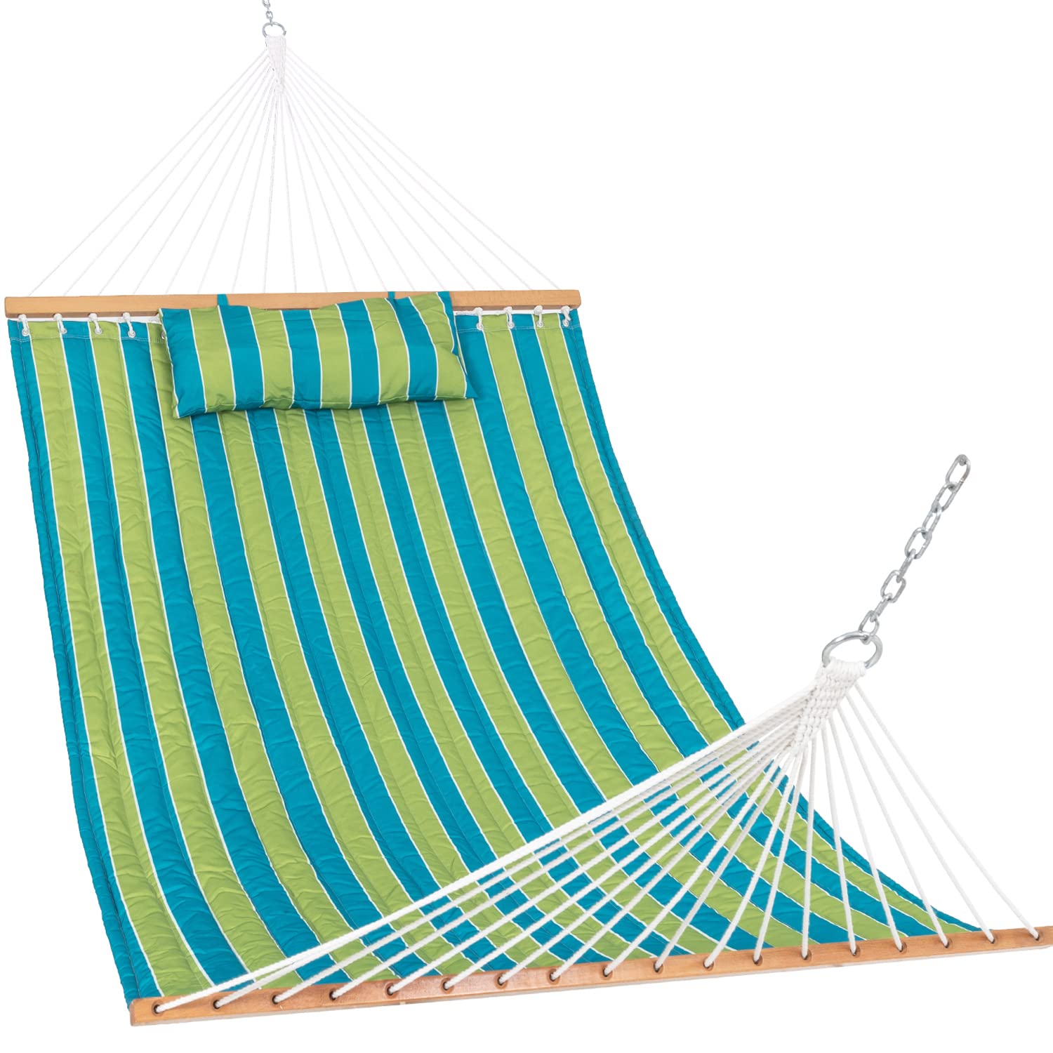 Premium 12FT Double Hammock with Quilted Fabric & Pillow - 2 Person Outdoor Hammock with Spreader Bar for Patio, Garden, Yard, Pool & Beach - Perfect for Relaxing, Lounging & Napping in Comfort QFH009