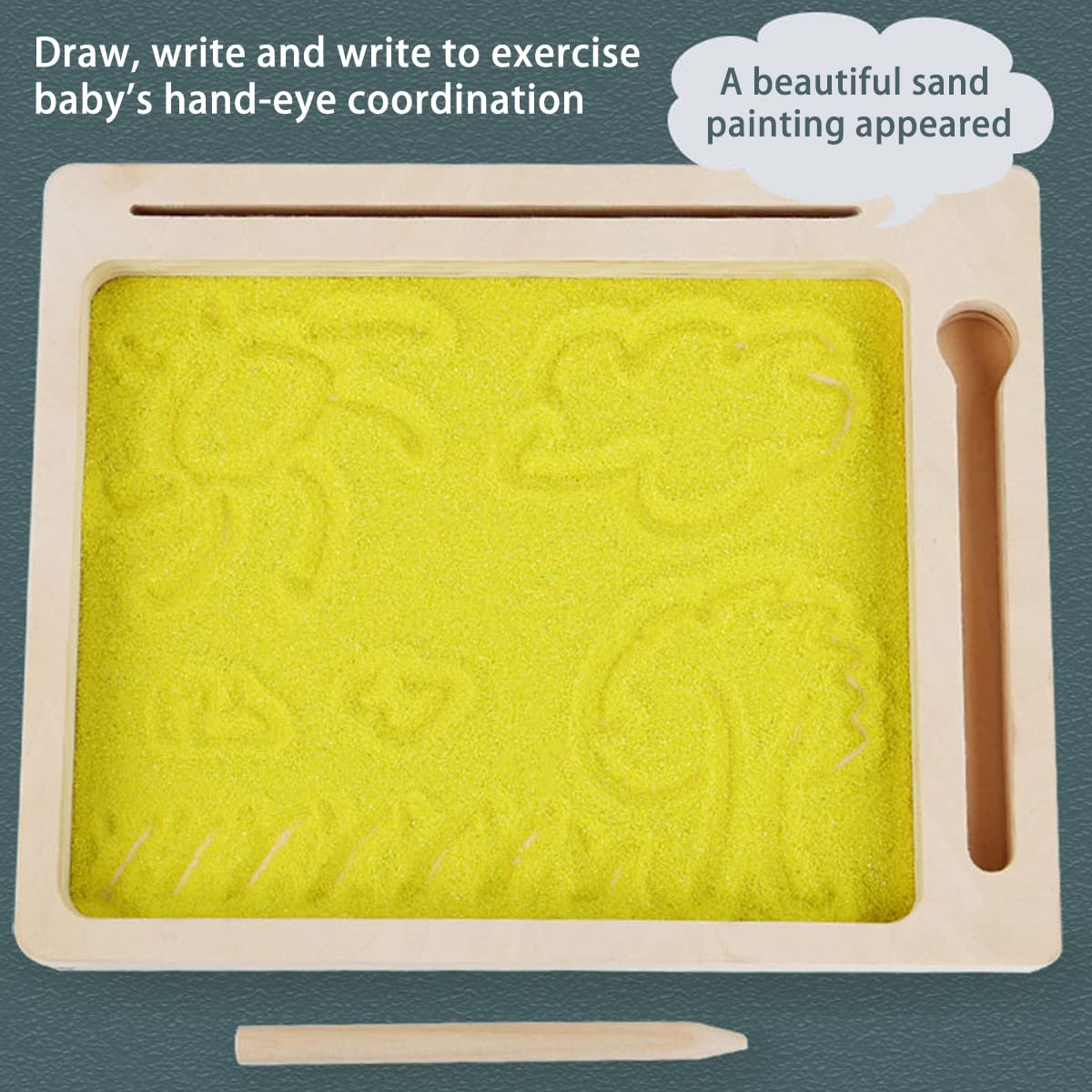 Montessori Wooden Sand Tray Set - Kids Writing & Drawing Educational Toy with Sand Scraping Box & Pencil - Learn Letters & Numbers - Perfect for Preschool Classroom & Homeschool Learning Activities