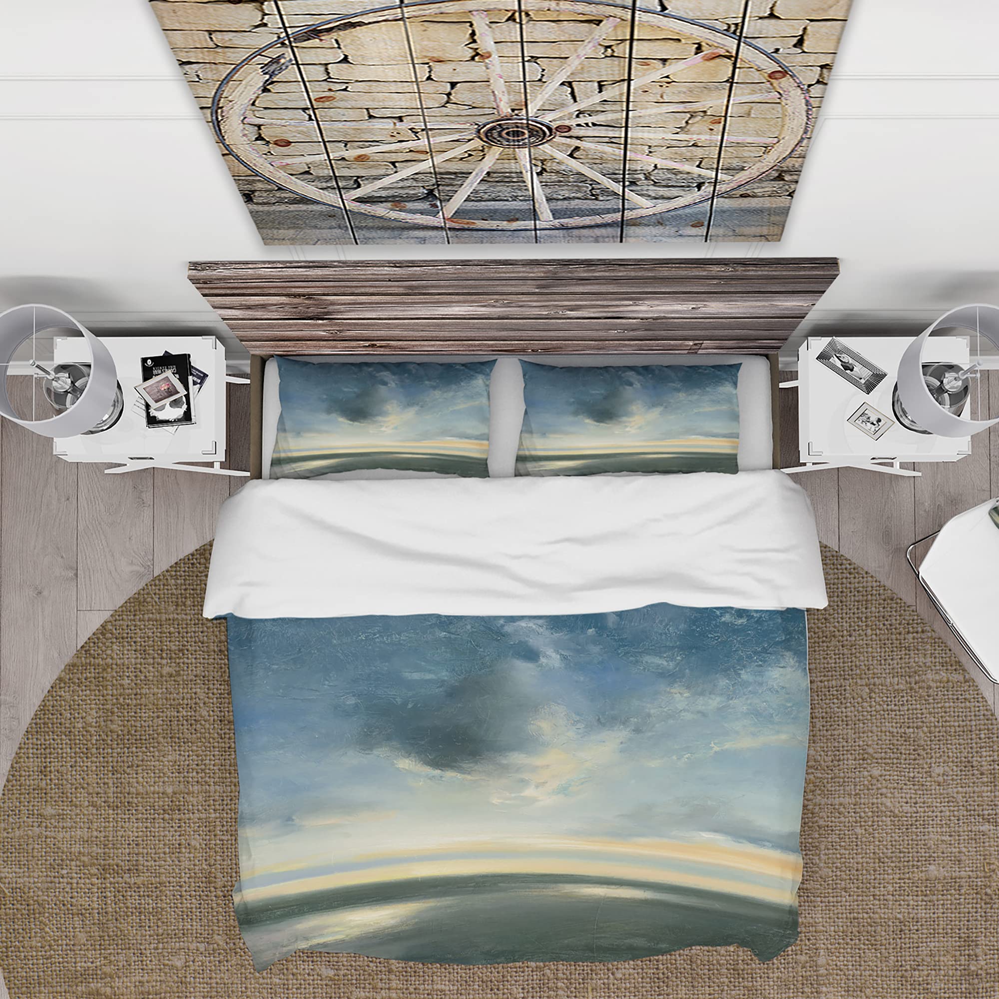 DesignQ Blue Coastal Sunrise Traditional Duvet Cover Set King Size - 3 Piece Landscape Bedding Set for All Seasons | Coastal Decor Bedroom Essentials for Master & Guest Rooms