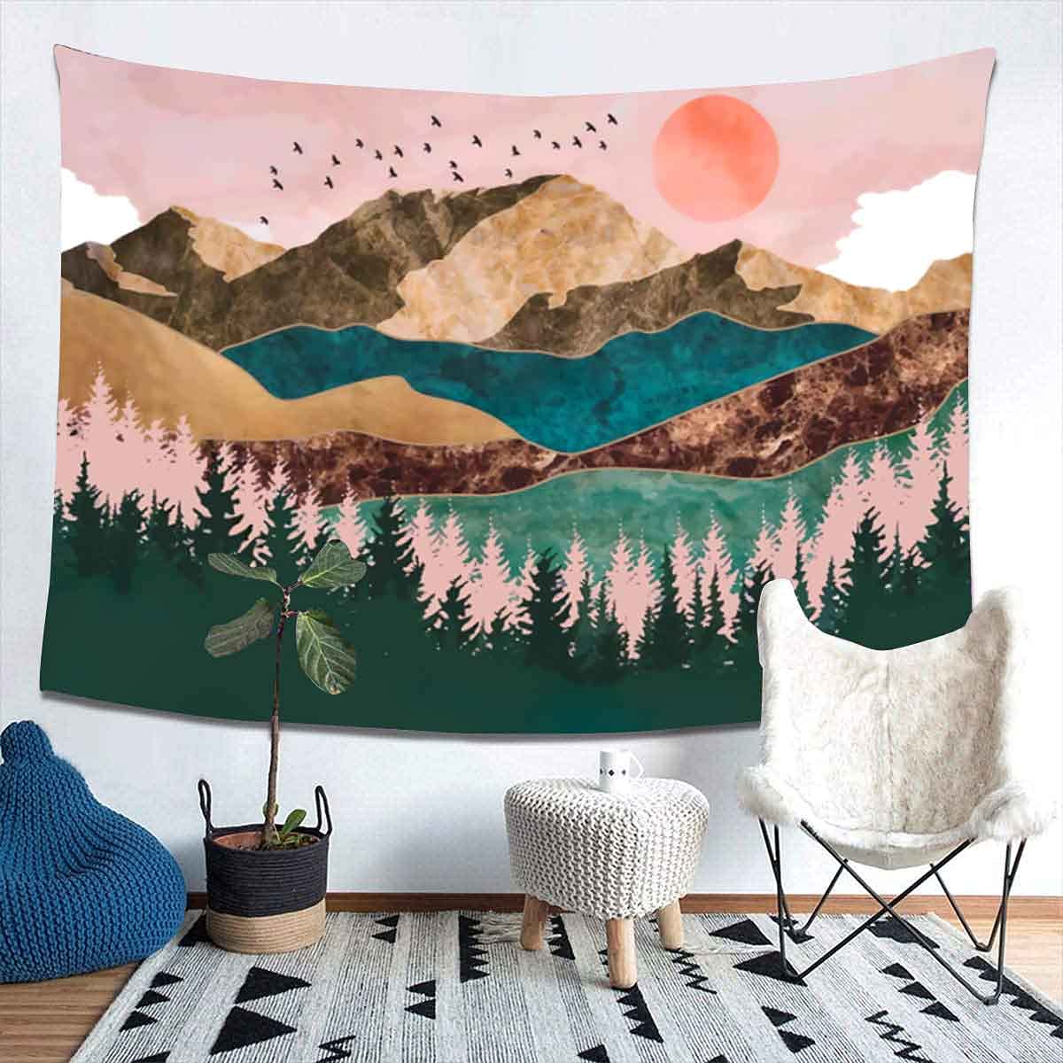 Nature Landscape Sunset Forest Pink Tapestry Wall Hanging with 20 FT LED String Lights - 78.7 x 59 Inches Mountain Tapestry for Bedroom Decor, Dorm Room, Living Room & Outdoor Camping