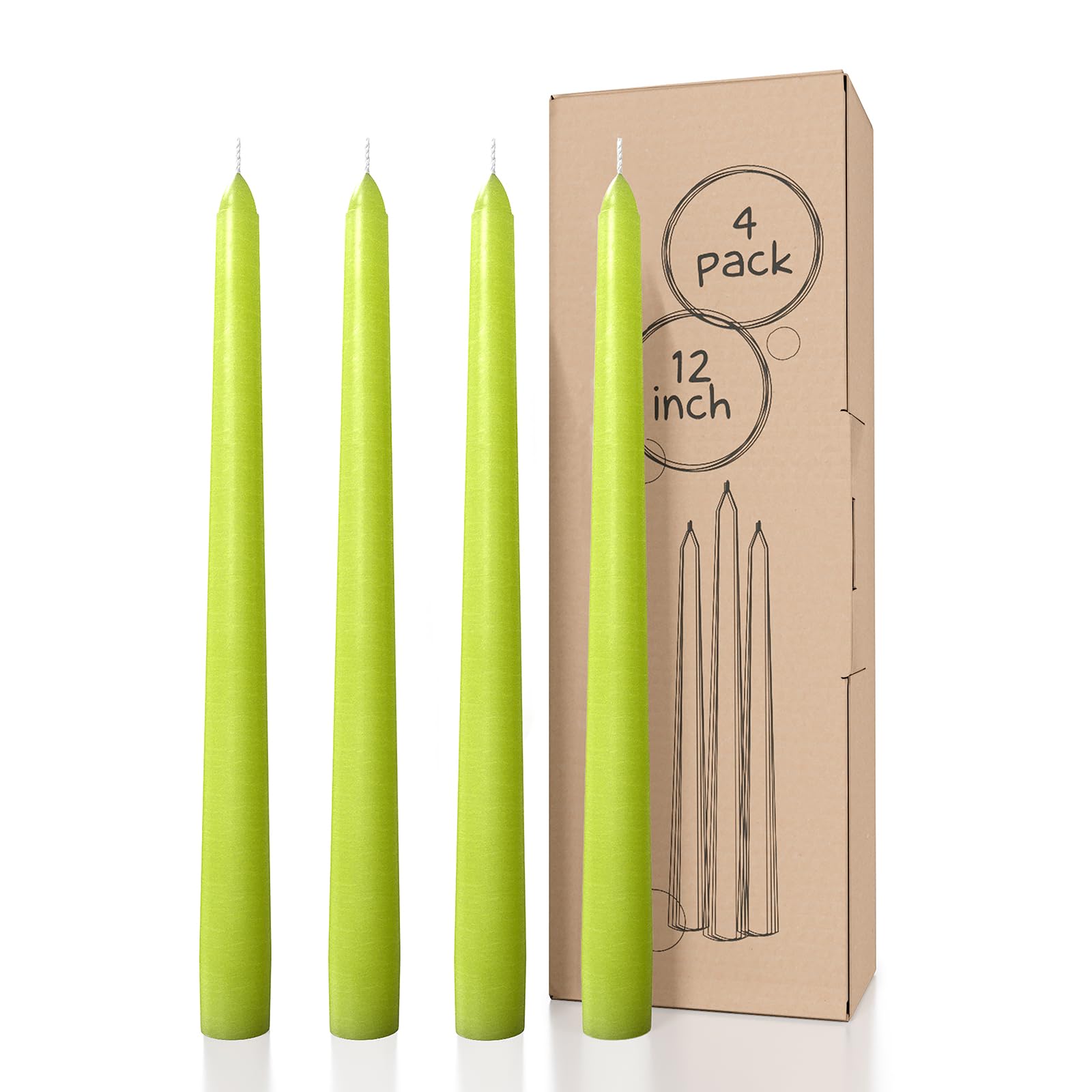 Premium 12 Inch Unscented Taper Candles - Set of 4 Dripless, Smokeless, Slow-Burning Olive Candles for Dining, Weddings & Home Decor | CANDWAX