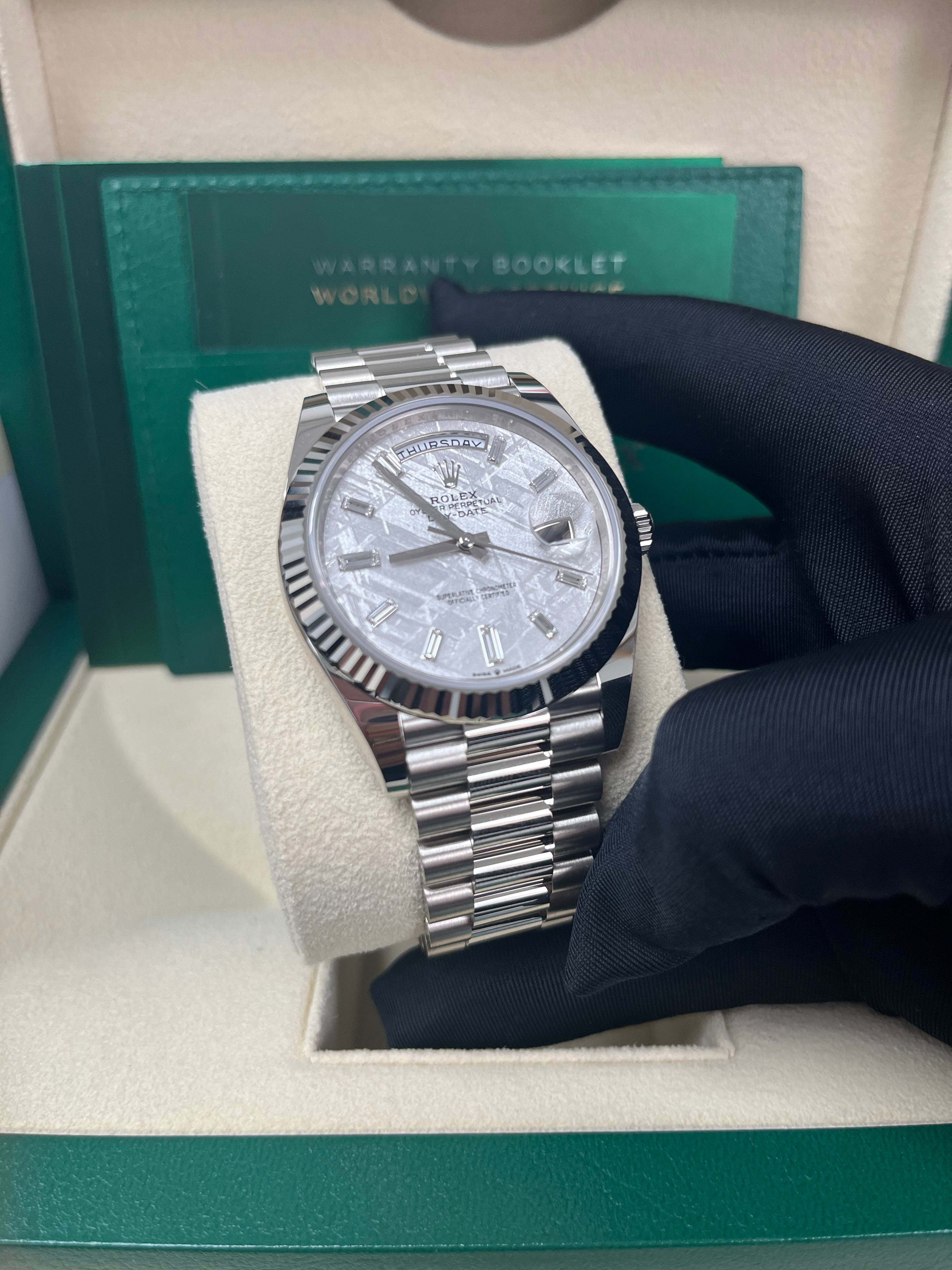 Rolex Day-Date 40mm Men's Watch - Meteorite Baguette Diamond Dial, White Gold Fluted Bezel, Ref. 228239 | Luxury Dress Watch for Business & Formal Occasions