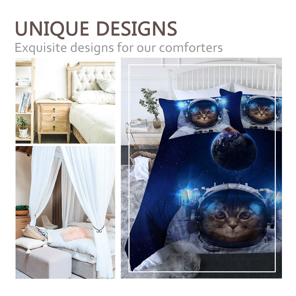 BlessLiving Space Cat Comforter Twin XL - Boys Galaxy Cat Bed Set for Kids & Teens, Blue 3-Piece Cute Cat Bedding with Comforter & 2 Pillow Shams | Perfect for Kids' Bedrooms, Dorm Rooms & Cozy Sleepovers