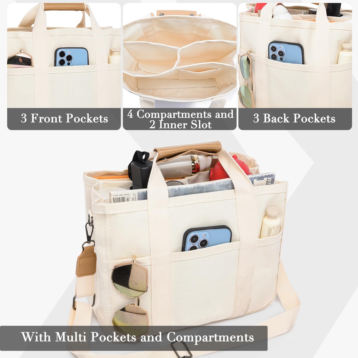 Stylish Canvas Tote Bag for Women with Multiple Pockets - Trendy Crossbody Shoulder Handbag with Spacious Compartments | Perfect for Work, Travel, Shopping & Daily Use