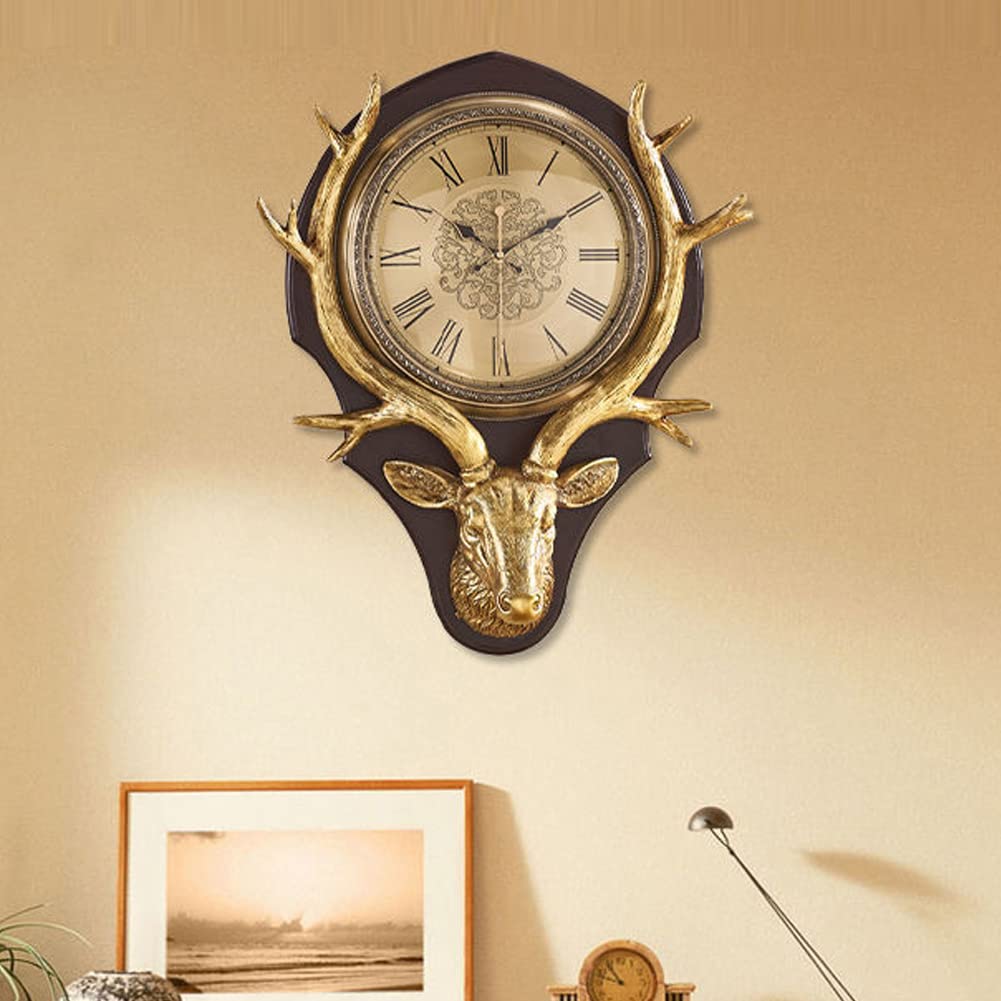 YYDX Large Deer Head Wall Clock - Retro Resin Sculpture Silent Non-Ticking Roman Numeral Wall Clock for Living Room, Bedroom, Office Decor - Perfect for Farmhouse, Rustic & Vintage Home Décor
