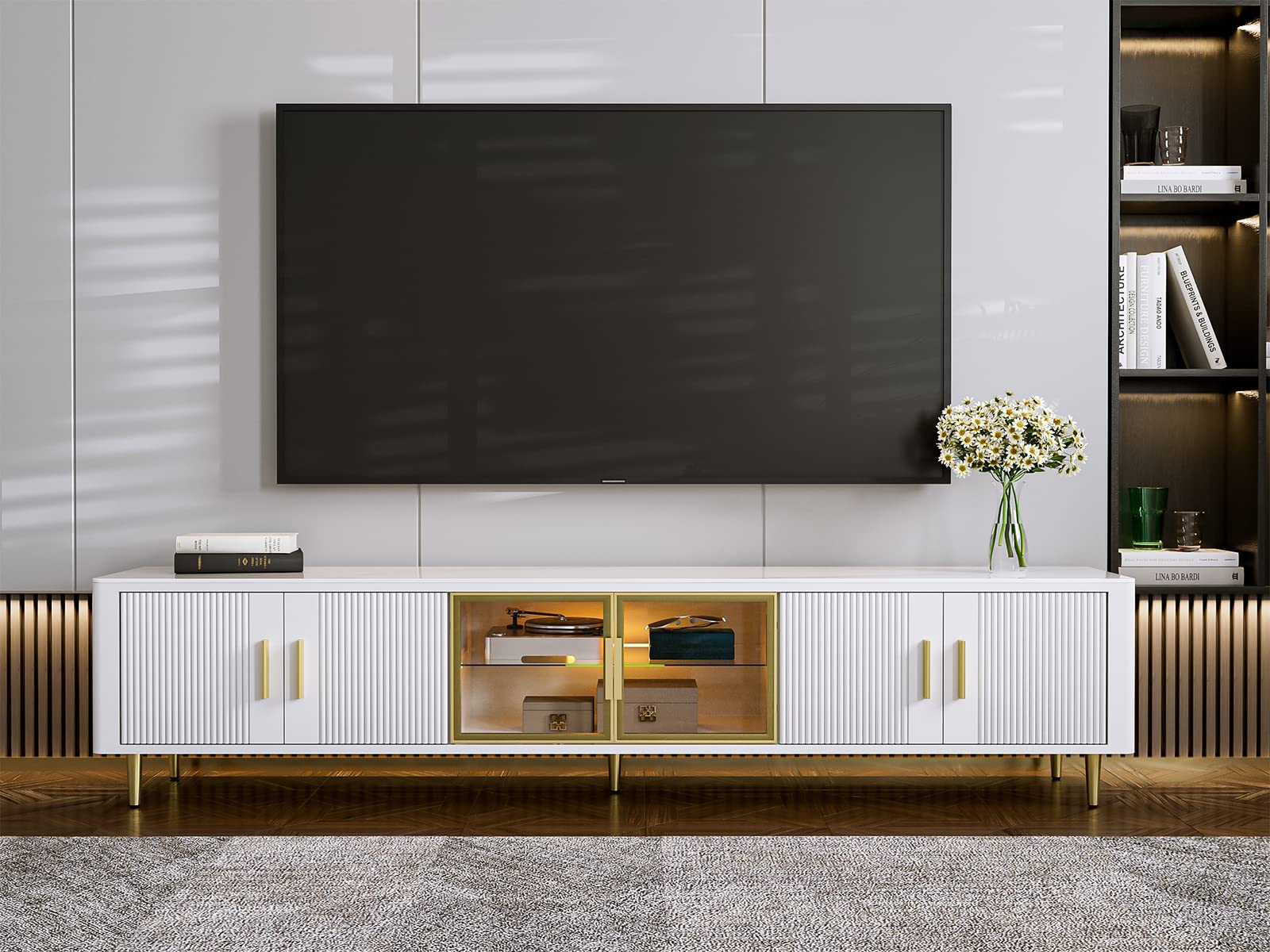 IKIFLY Modern TV Stand for 85+ Inch TVs - White LED Slate Entertainment Center with Glass Storage Cabinets & Adjustable LED Lights - Perfect for Living Room, Home Theater & Gaming Setup