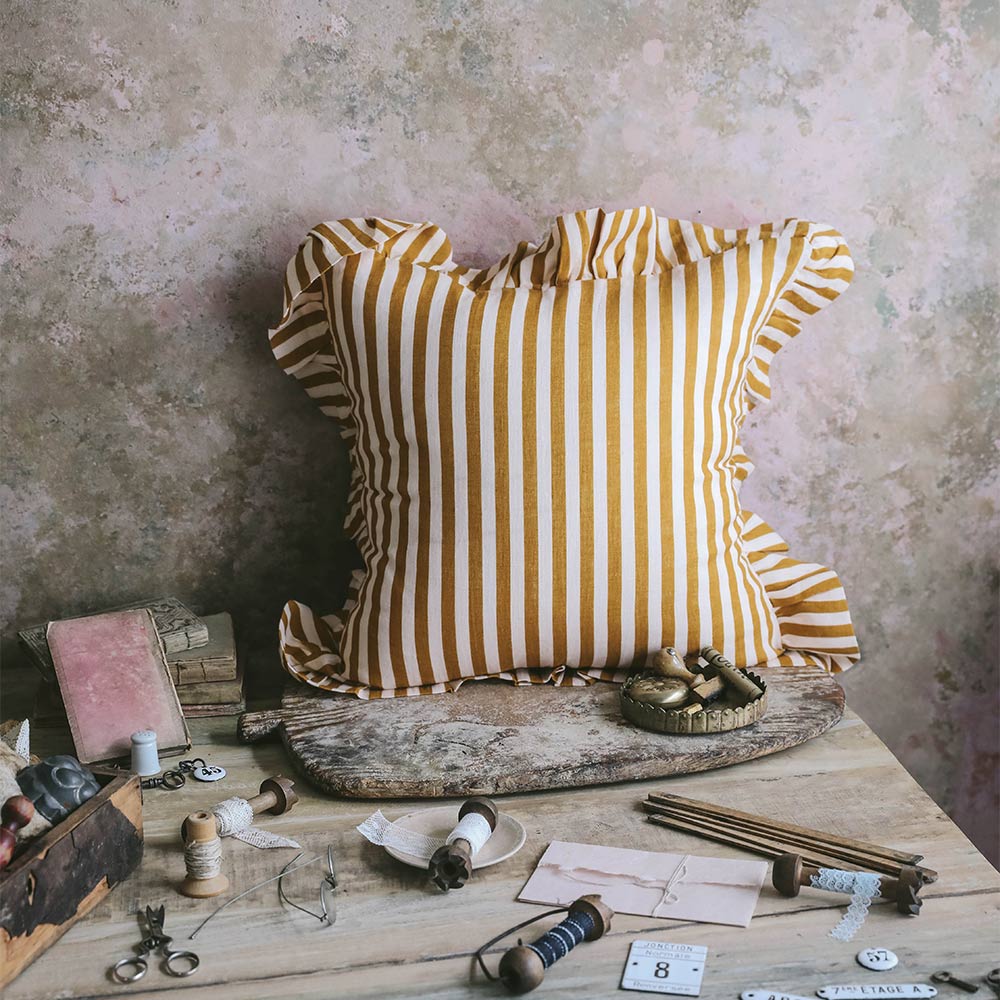 Linen Pillow Cover - Ochre Candy Stripe Pattern - Soft & Breathable Decorative Pillowcase for Sofa, Bed, Couch - Home Decor & Living Room Accessories