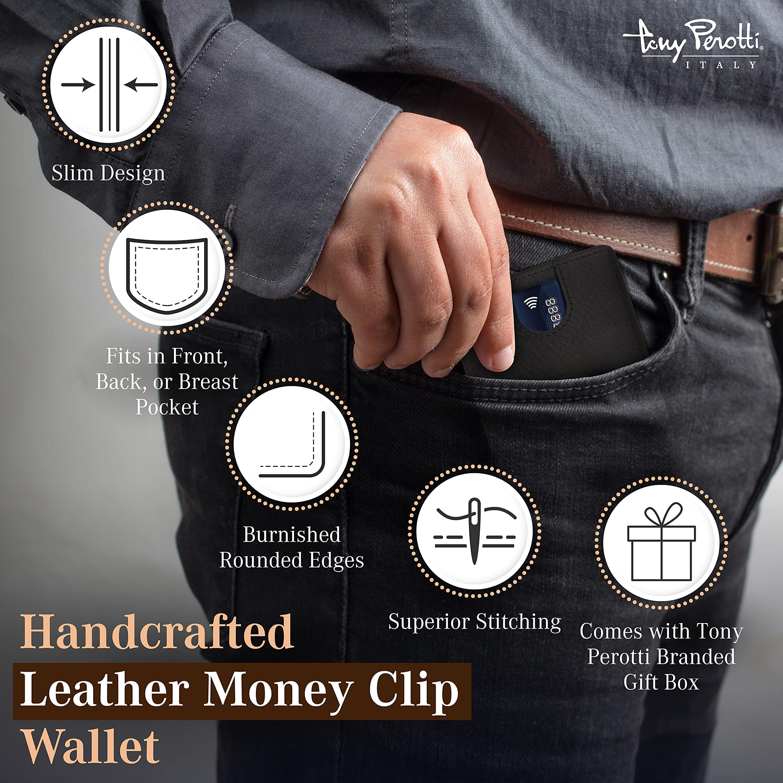 Tony Perotti Italian Leather Slim Money Clip Wallet for Men – Ultra Thin RFID Blocking Bifold Wallet with Credit Card Slots & ID Window – Premium Full Grain Eco-Tanned Leather – Handcrafted in Italy – Perfect for Everyday Carry, Business Travel & Minimalist Lifestyle