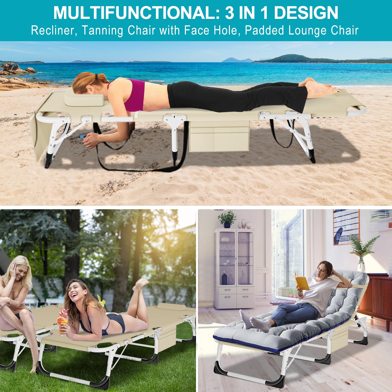 ABORON 3-in-1 Oversized Sun Tanning Chair with Mat & Face Arm Hole - Heavy Duty Folding Chaise Lounge, 5-Position Adjustable Outdoor Recliner with Pillow - Perfect for Beach, Poolside, Backyard, Patio, and Lawn Relaxation