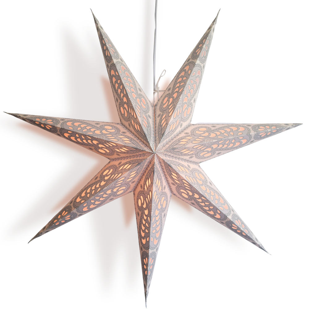 24-Pack White & Grey Peacock 7-Point Paper Star Lanterns for Hanging - Perfect for Weddings, Parties, and Home Decor