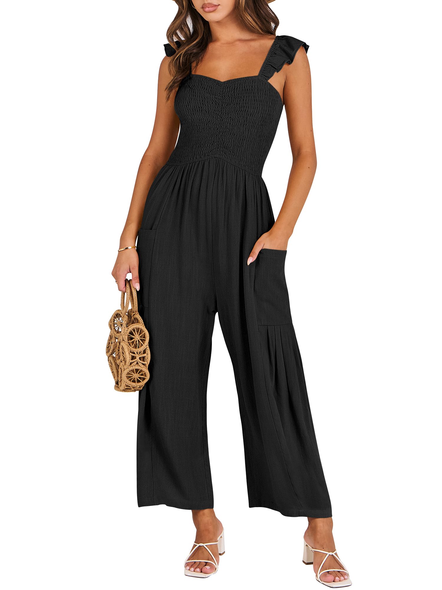 ANRABESS Women's Summer Linen Jumpsuit - Sleeveless Smocked Wide Leg Romper with Pockets | Trendy Casual Dressy Outfit for Travel, Beach, and Everyday Wear 2025