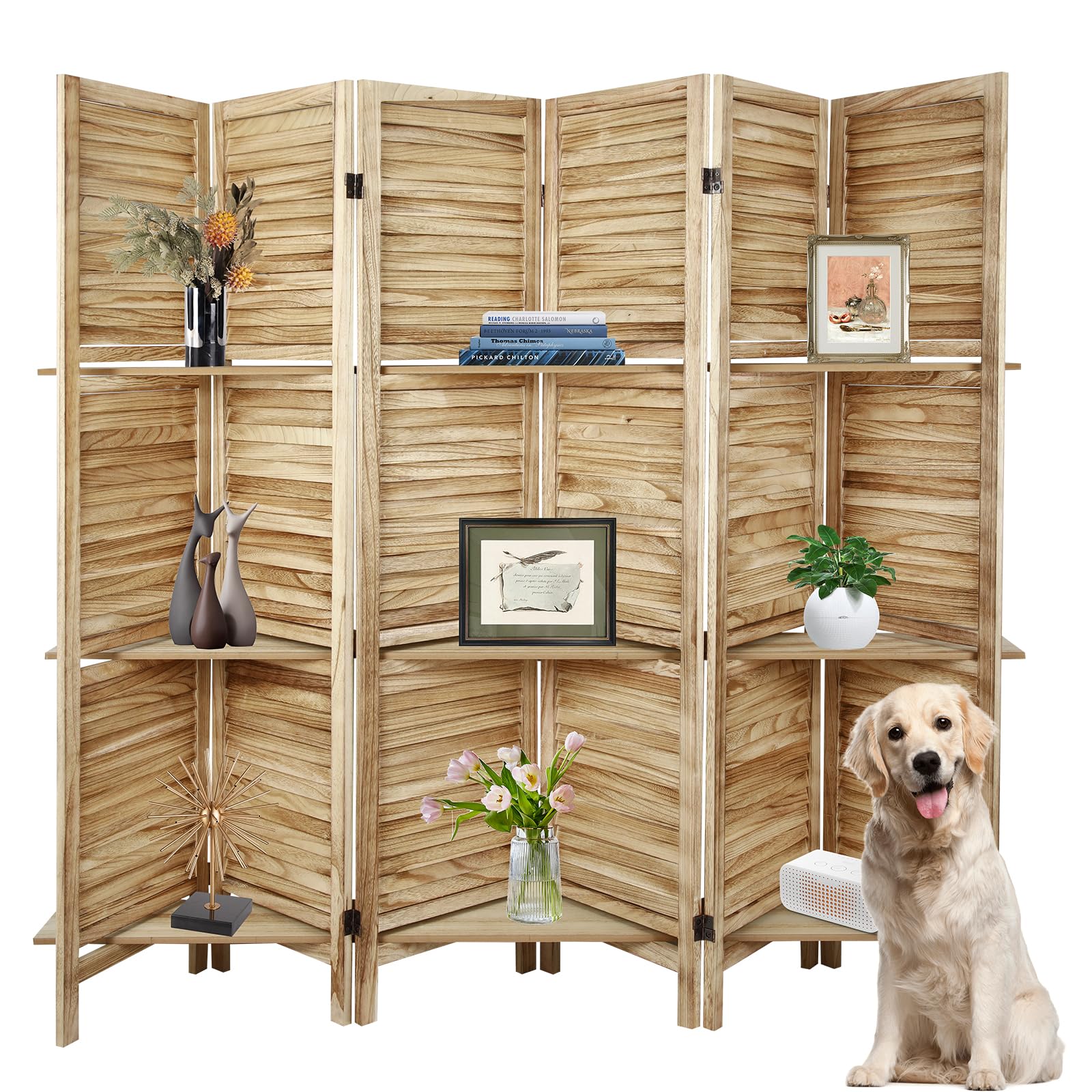 ECOMEX 6 Panel Wood Folding Room Divider Screen with Shelves - Freestanding Partition with Display Shelves, Easy to Move (Natural Color) - Perfect for Home Office, Living Room & Bedroom Privacy