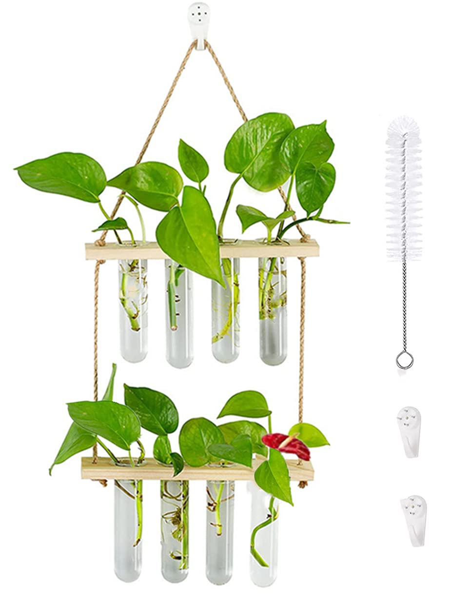 2 Tiered Wall Hanging Glass Planter Set - 8 Pcs Mini Test Tube Terrarium with Wooden Stand for Hydroponic Plants, Flower Propagation - Perfect for Home, Office, Garden & Patio Decor | Indoor Vertical Gardening Solution