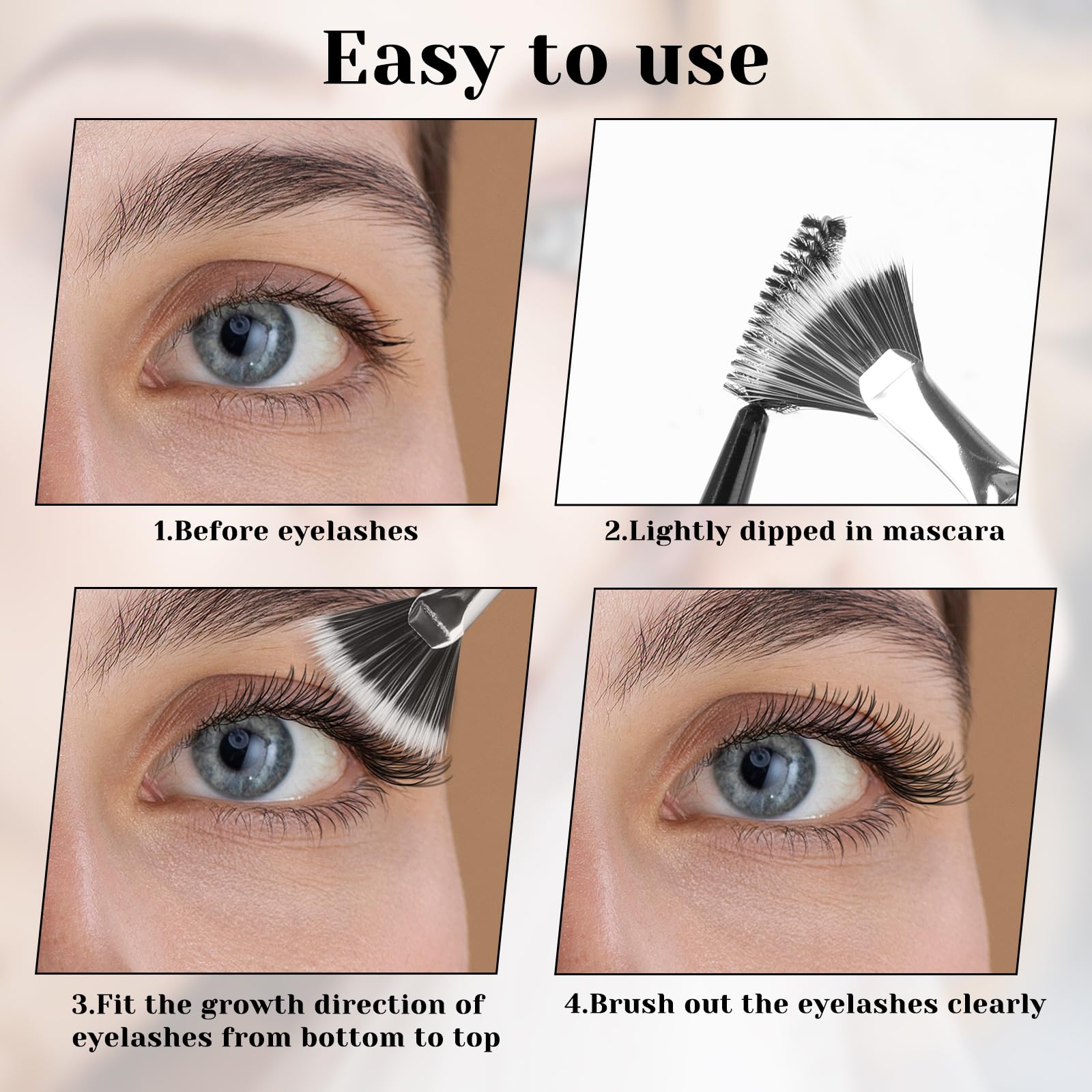 4PCS Mascara Fan Brush Set - Foldable Angle Scalloped Lash Brush for Clump-Free Eyelashes | Multifunctional Fan-Shaped Eyelash Comb & Separator for Upper & Lower Lashes | Perfect for Professional Makeup & Daily Beauty Routine
