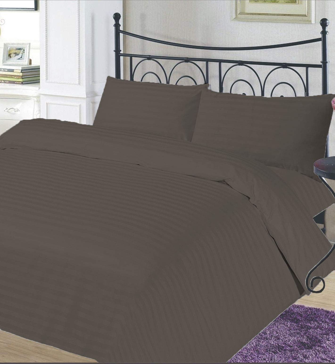 Premium 8-Piece Full Size Bedding Set - 100% Egyptian Cotton 500 Thread Count Gray Stripe Duvet Cover, Sheets & Bed Skirt | Soft Luxury Bedroom Decor for Master Suite, Guest Room & Dorm