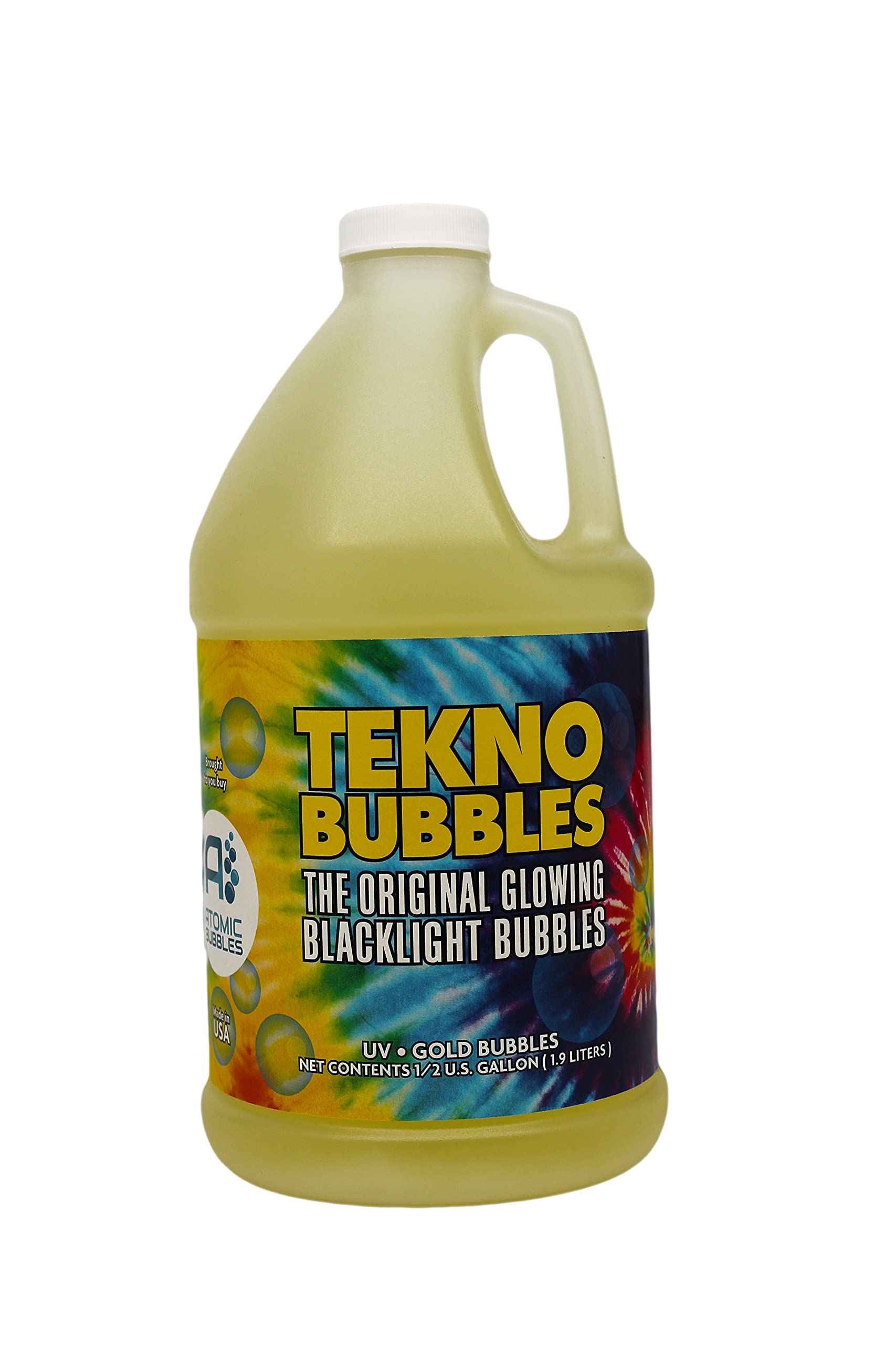 Tekno Bubbles - Gold UV Blacklight Reactive Bubble Solution - 64oz (Half Gallon) for Parties, Events & Glow in the Dark Fun