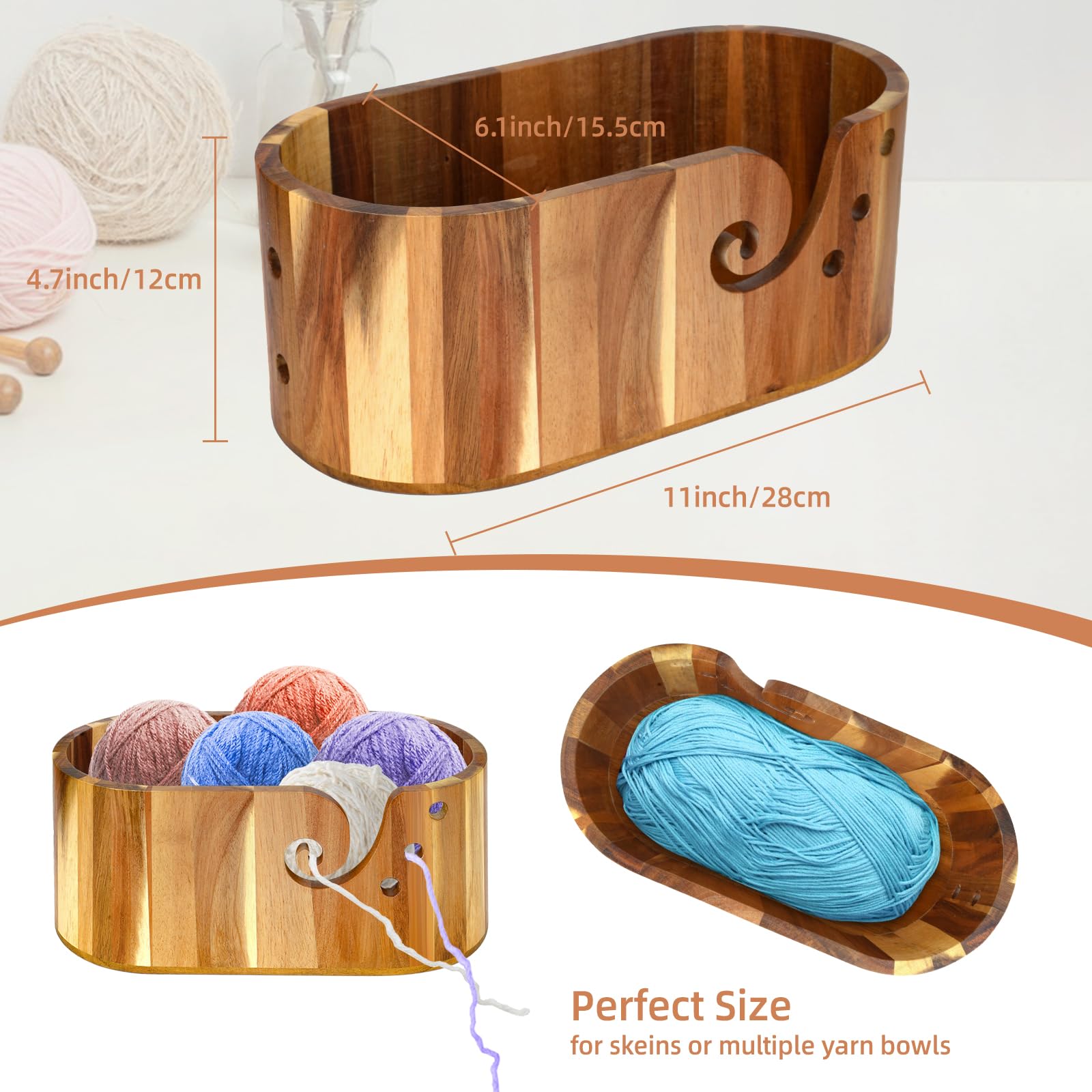 Premium Large Acacia Wood Yarn Bowl for Knitting & Crocheting - 11