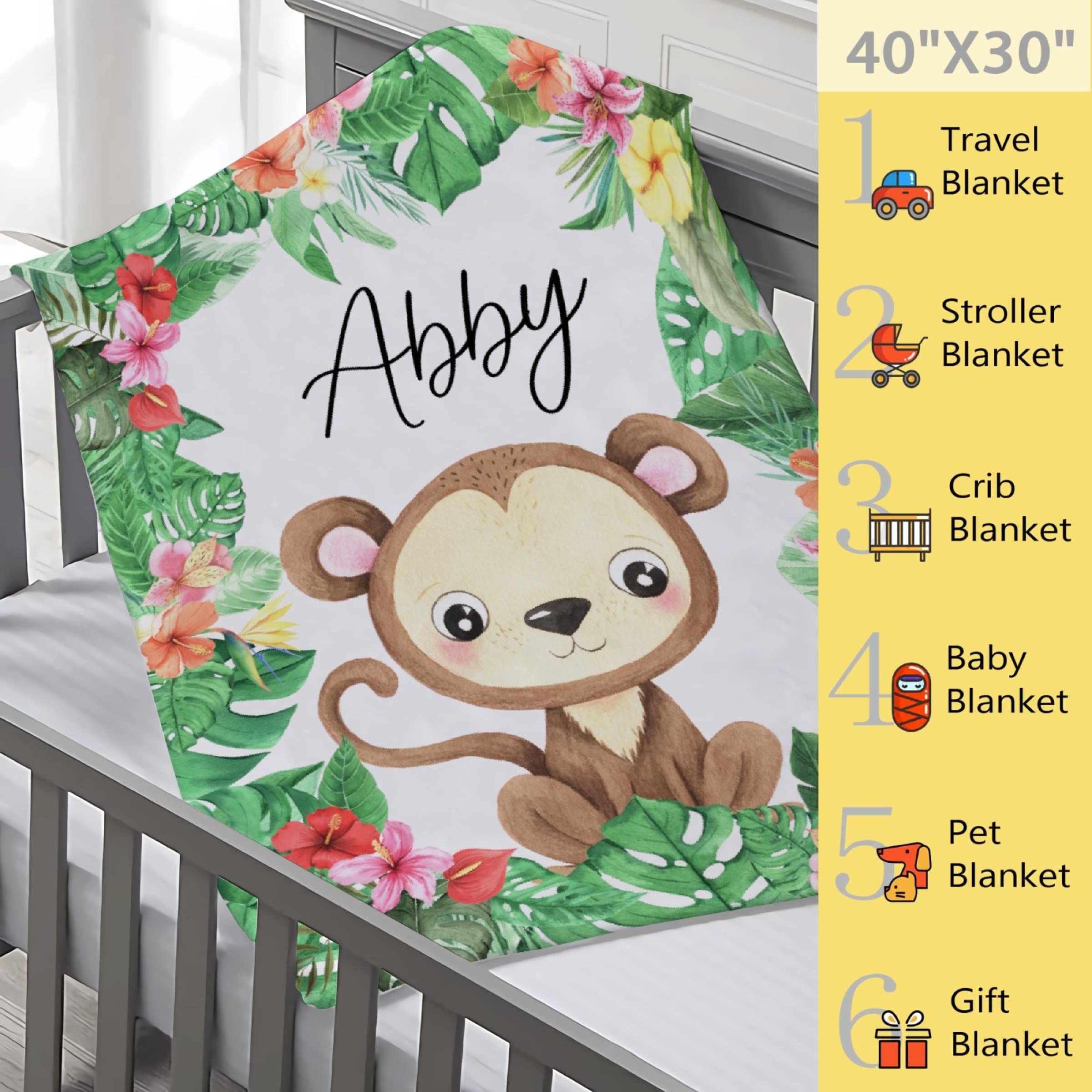 Custom Personalized Throw Blanket with Name & Text - Tropical Floral Monkey Design for Kids, Adults & Family - 90