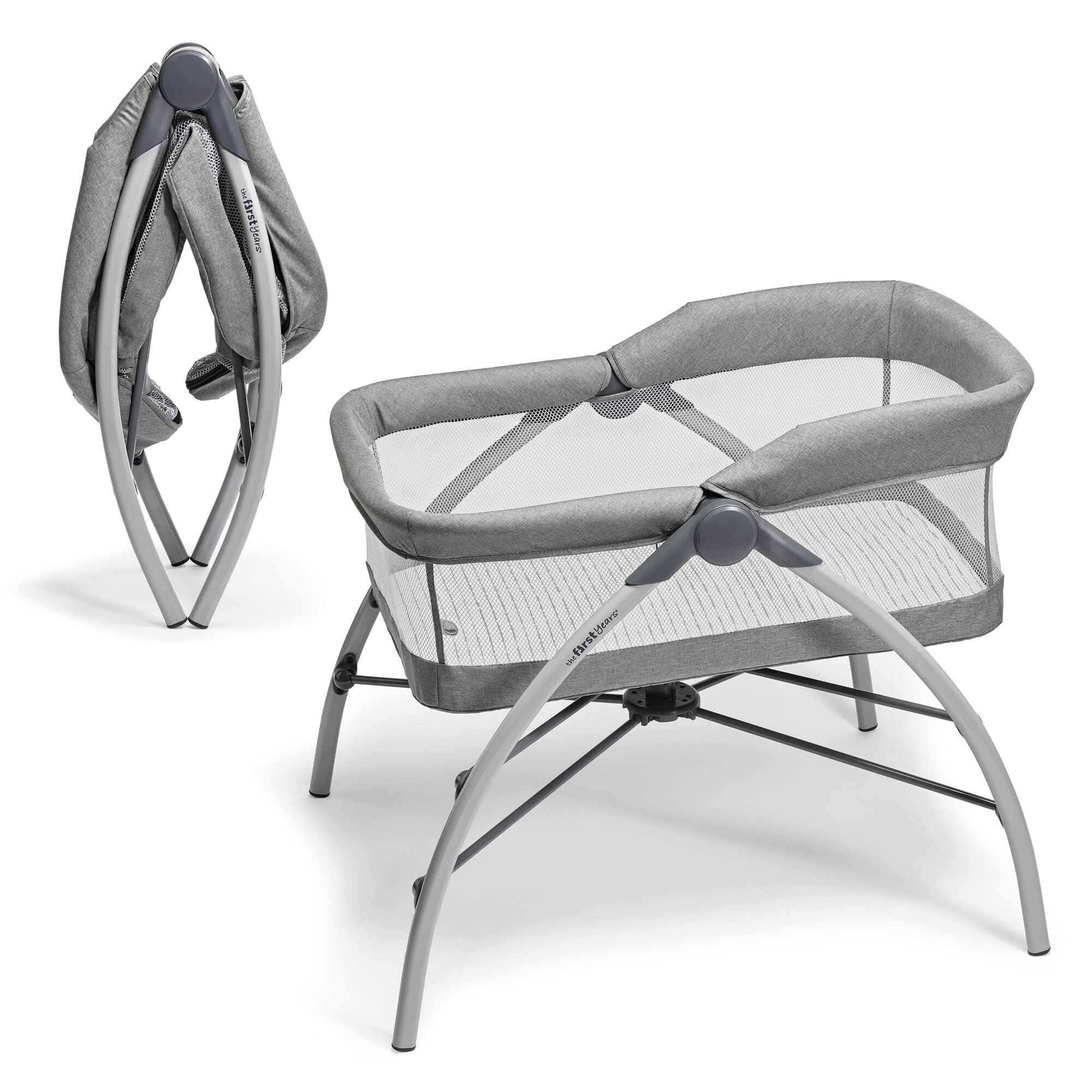 The First Years First Dreams Folding Baby Bassinet - Portable Travel Crib with Wheels - Adjustable Bedside Sleeper for Newborns & Infants - White - Perfect for Nursery, Bedroom & On-the-Go Parents