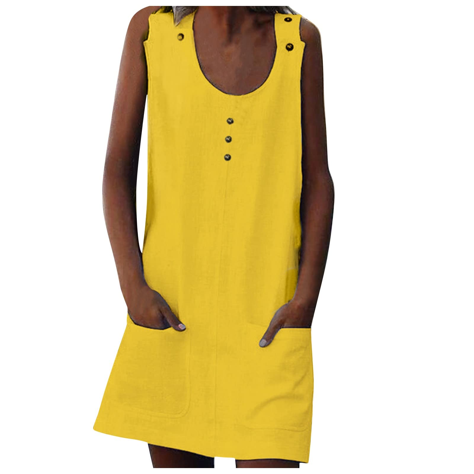 Plus Size Summer Dresses for Women - Sexy Strappy Round Neck Cotton Linen Dress with Pockets & Buttons | Casual Beach Wear, Vacation Outfit & Date Night Dress