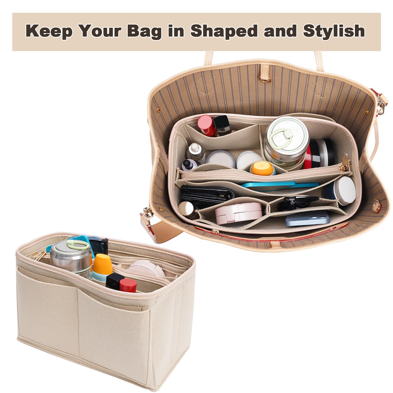 Premium Felt Purse Organizer Insert with Metal Zipper - 6 Sizes for Tote Bags, Compatible with Neverfull, Speedy & More | Perfect for Travel, Work & Daily Organization