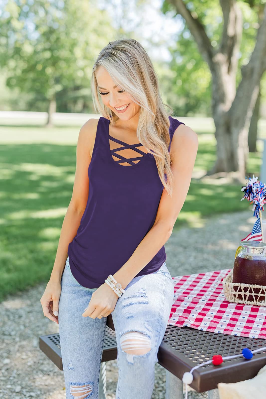 Sarin Mathews Women's Criss Cross Sleeveless Tank Tops - Summer Casual Basic Tee Shirts & Blouses for Yoga, Beach, and Everyday Wear