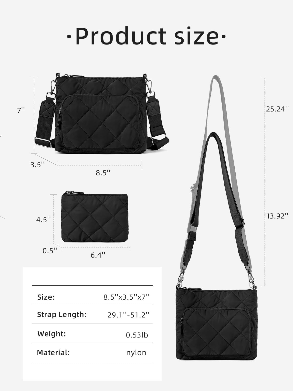 WESTBRONCO Quilted Crossbody Bag for Women with Multi Zipper Pockets - Nylon Purse & Wallet Set - Perfect for Travel, Shopping and Everyday Use