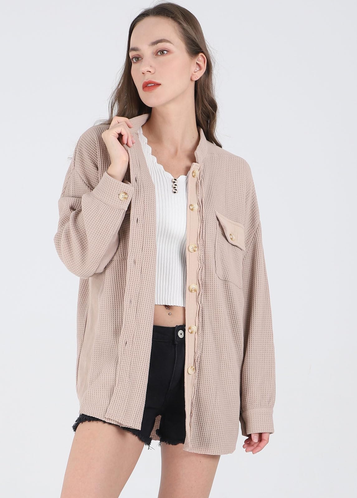 Loveimgs Women's Oversized Waffle Knit Shirt - Corduroy Long Sleeve Button Down Shacket Jacket for Fall | Casual Outerwear & Layering Piece for Work, Dates & Weekend Outings