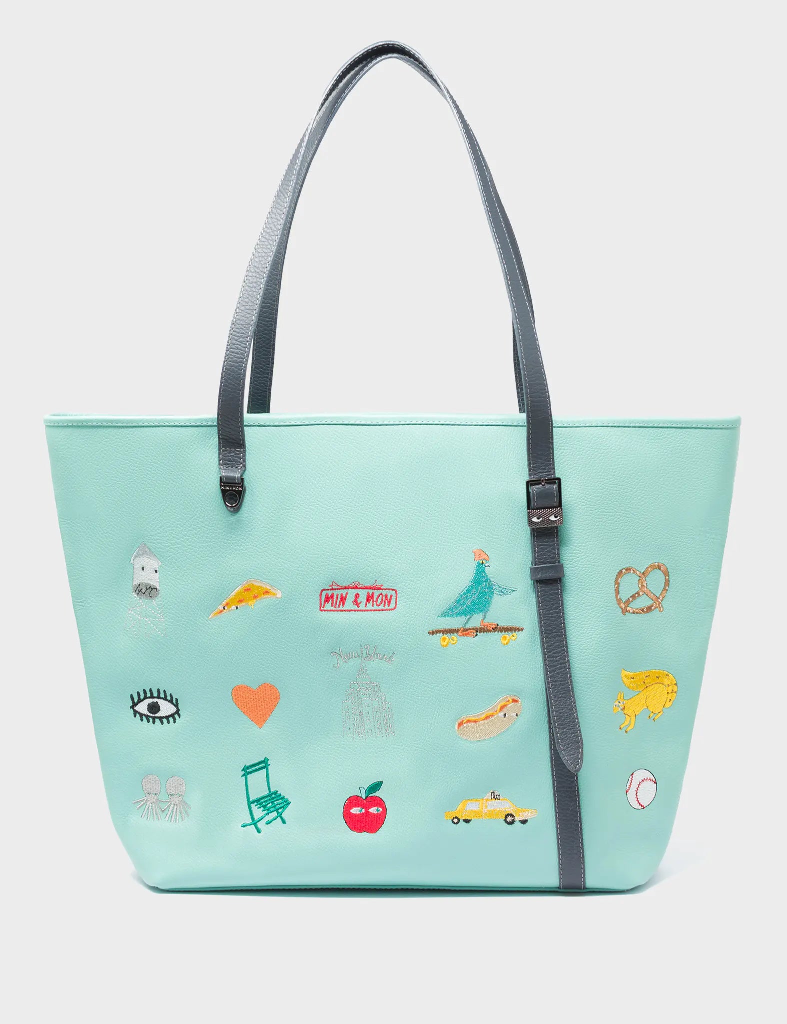Bruno Oceanic Green Leather Tote Bag with Eye Love New York Embroidery - Stylish & Durable Handbag for Work, Travel & Everyday Use