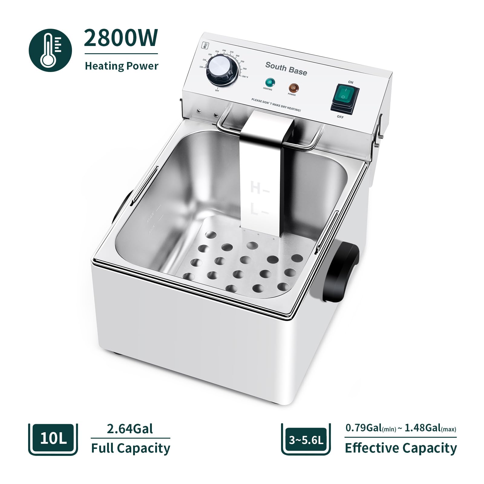 Commercial Deep Fryer 1750W with Adjustable Temperature & Basket - 2.65Gal Electric Deep Fryer for Chicken, French Fries, Wings - 110V Restaurant & Home Kitchen Use for Frying, Snack Making, Catering Events