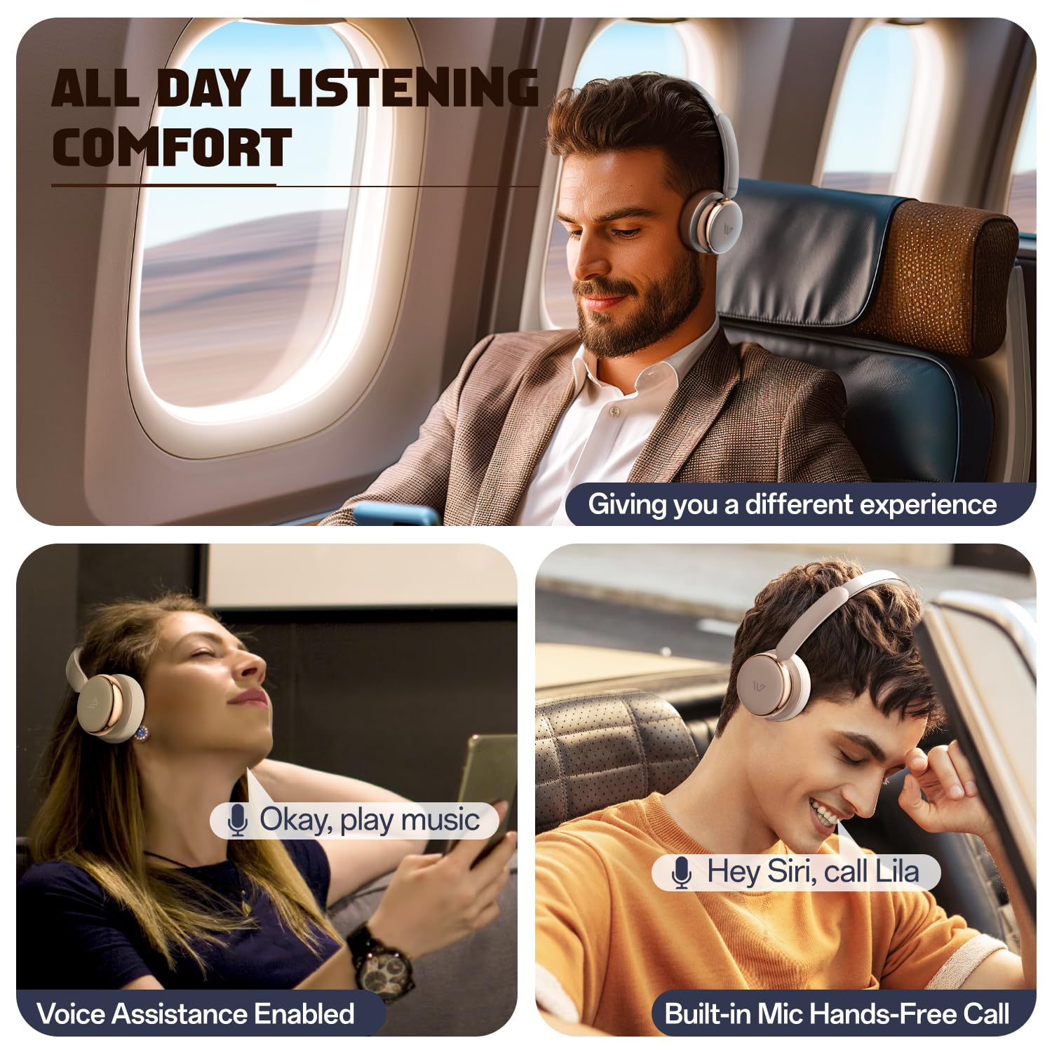 Nova Active Noise Cancelling Wireless Over-Ear Bluetooth Headphones 5.4 with Mic - Hi-Fi Sound, 58H Playtime, Comfortable Ear Cushions (Brown) - Perfect for Travel, Work & Music Lovers