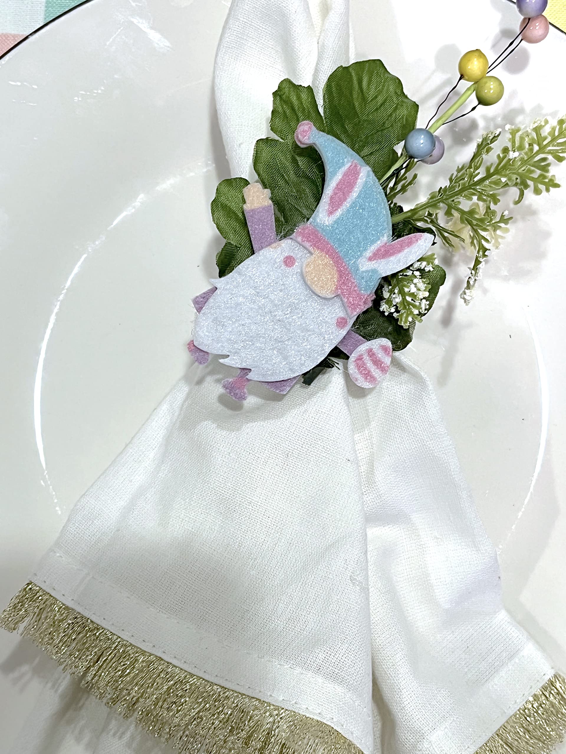 Easter Gnome Napkin Rings Set of 6 - Spring Floral Decor with Pink, Green, Blue & Yellow Bunnies - Perfect for Easter Table Settings, Spring Parties & Home Decor