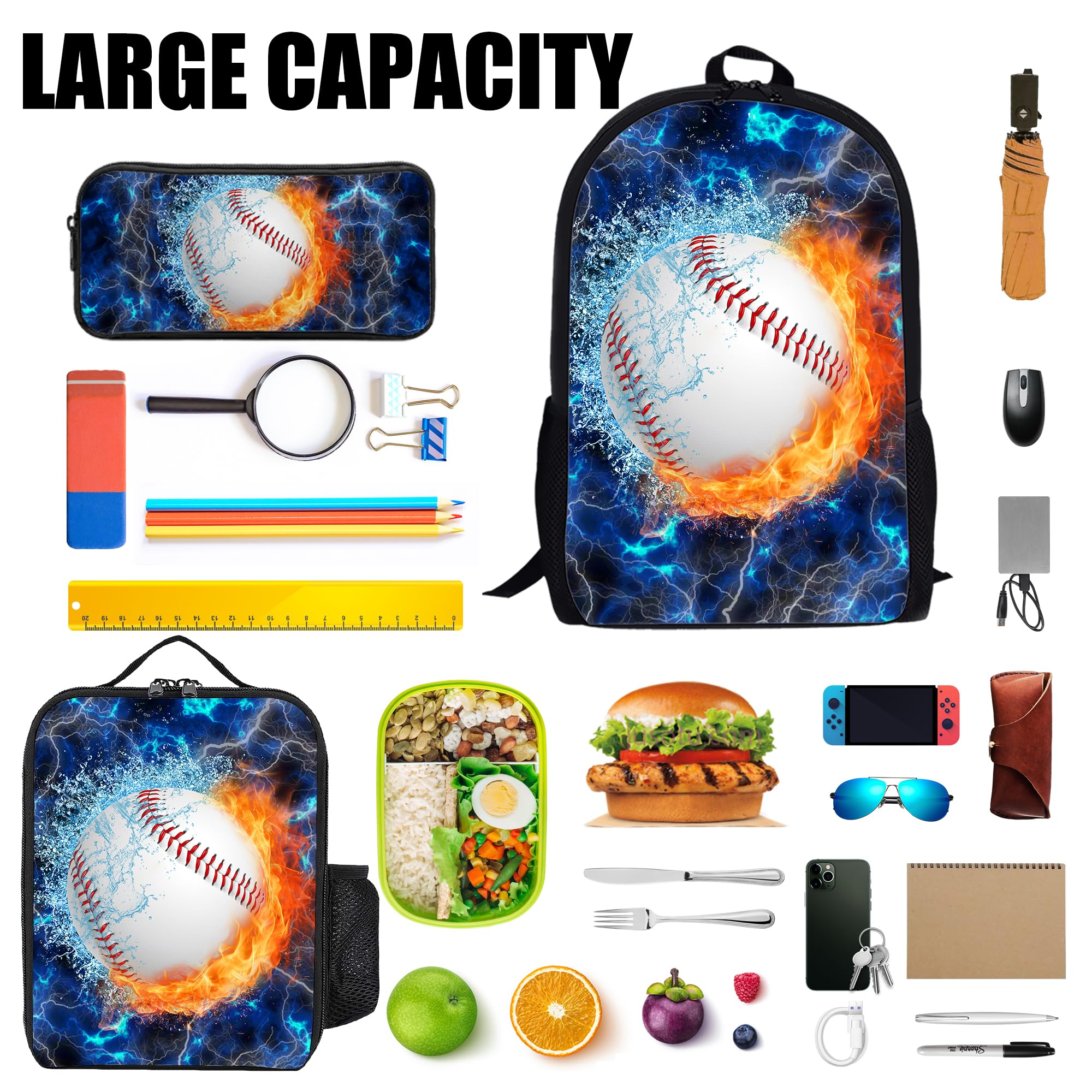 **Kids Backpack Set with Lunch Box & Pencil Case - 3PCS School Backpack for Boys & Girls, Middle & High School Students - Baseball Blue Design - Perfect for School, Travel & Daily Use**