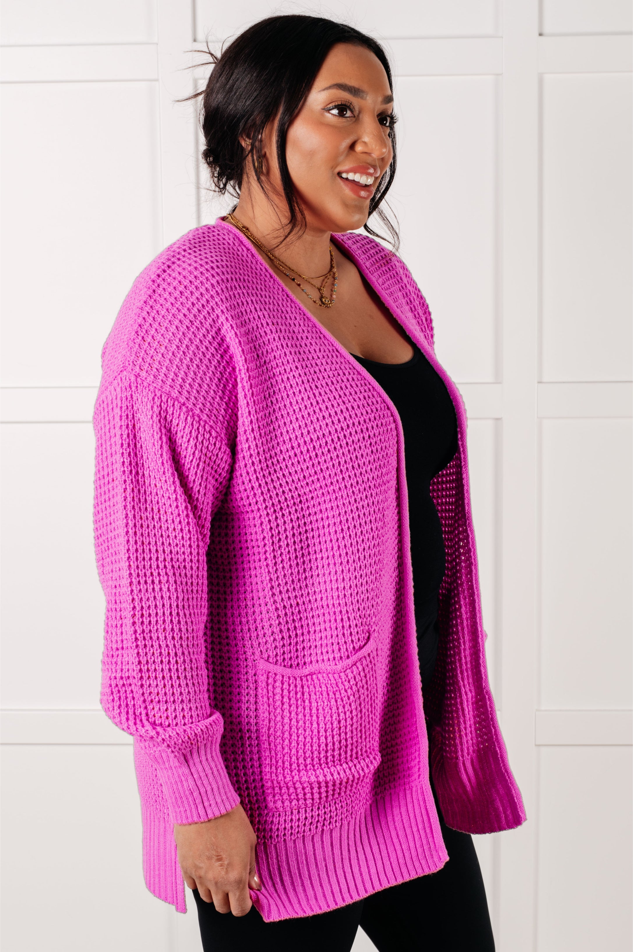 Bright Mauve Waffle Knit Open Front Cardigan for Women - Soft & Cozy Layering Sweater - Perfect for Fall, Winter & Casual Outfits
