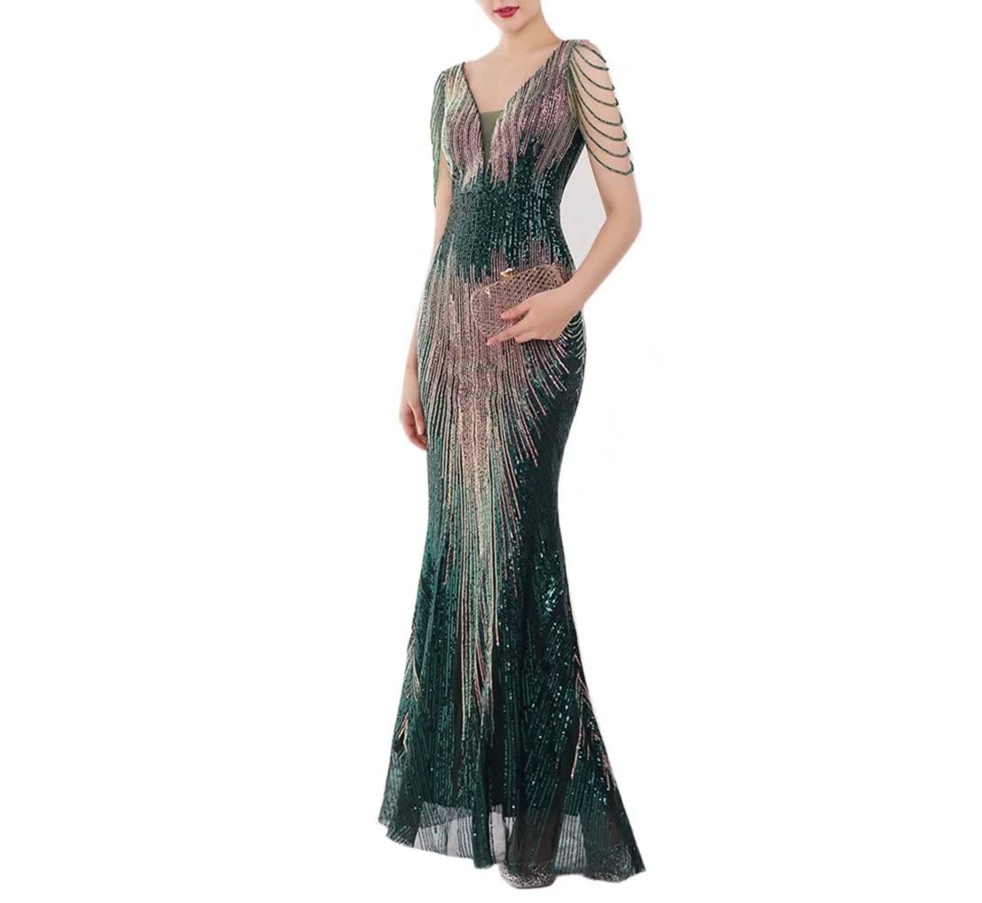 Mordarli Women's V Neck Sequin Prom Dresses 2023 - Crystal Beaded Long Evening Gown for Formal Events, Homecoming, Pageants & Special Occasions