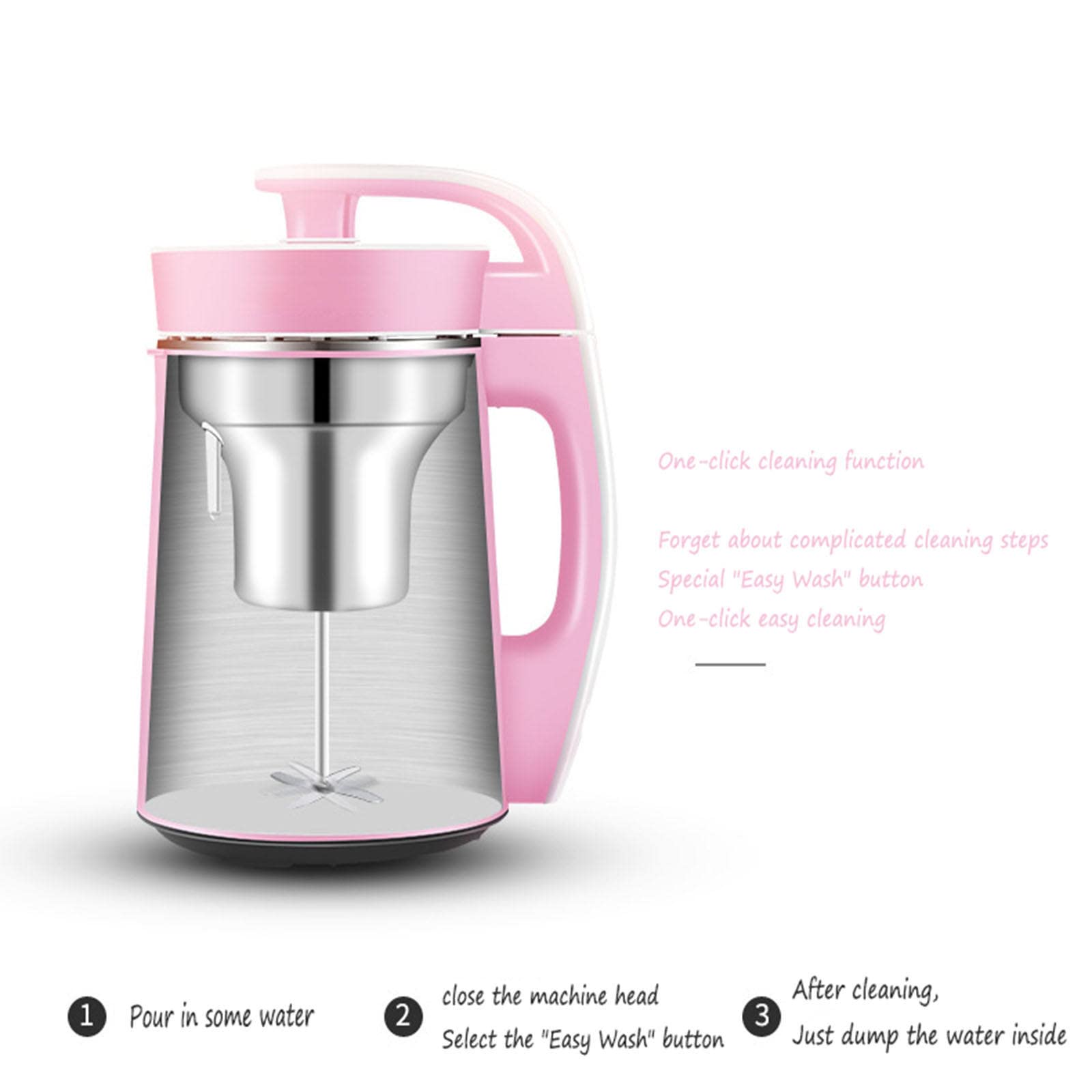 QBREZA Automatic Soy Milk Maker Machine - Stainless Steel, No Filter Needed, Multi-Function for Juicing & Heating - Perfect for Healthy Breakfast & Homemade Drinks (Pink)